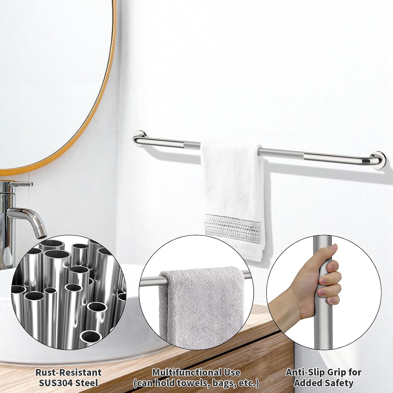 40 Inch Brushed Nickel Shower Grab Bar Anti-Slip Knurled Grip,Safety Handle | YuanDe 1.25" Diameter Stainless Steel Bathroom Grab Bars, Handicap Injury Elderly Senior Assist Support Shower Handle-2Packs