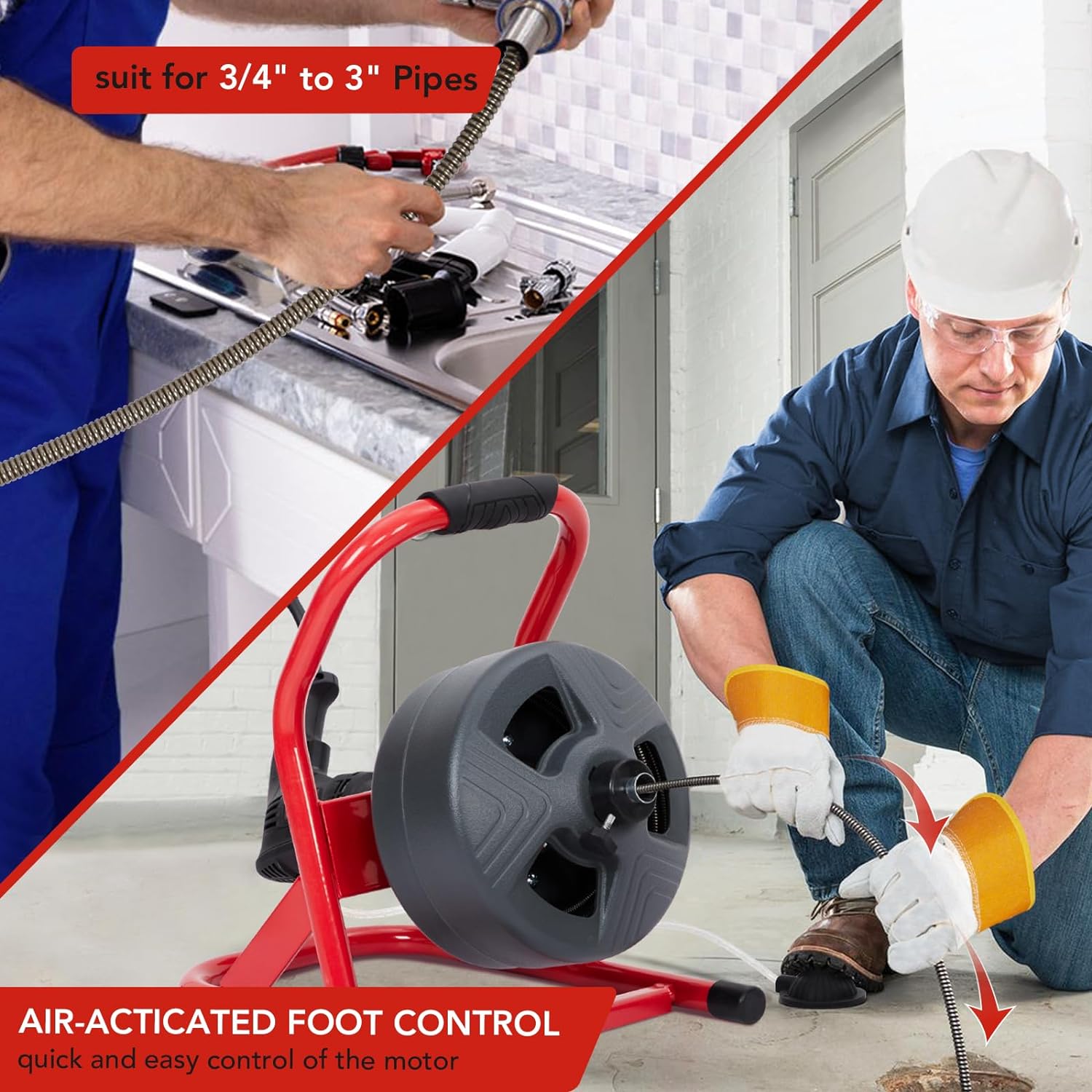 PioneerWorks 50Ft x 5/16 Inch Drain Cleaner Machine, Drain Auger Professional for 3/4 to 3 Inch Pipes, Foot Switch with 6 Cutters, Gloves