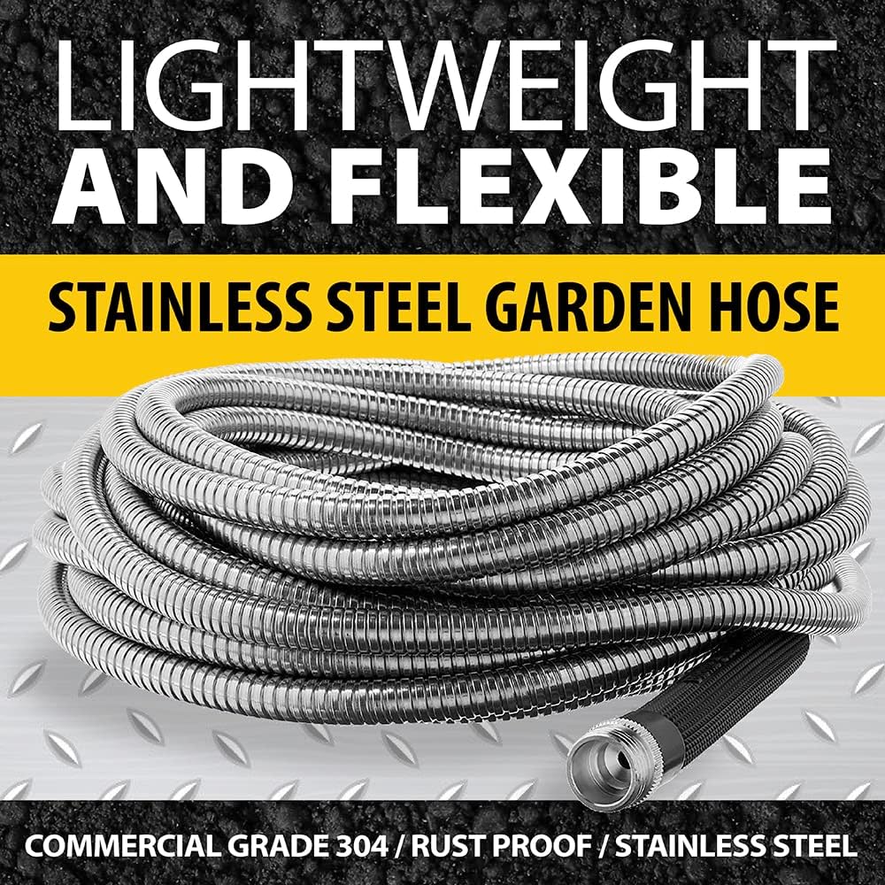 BIONIC STEEL 50 Ft Metal Garden Hose with Sprayer Nozzle | Non Kinking Design, Stainless Steel Heavy Duty Water Hose 50Ft x 5/8 in. Flexible & NON Expandable for Water Flow, 500 PSI