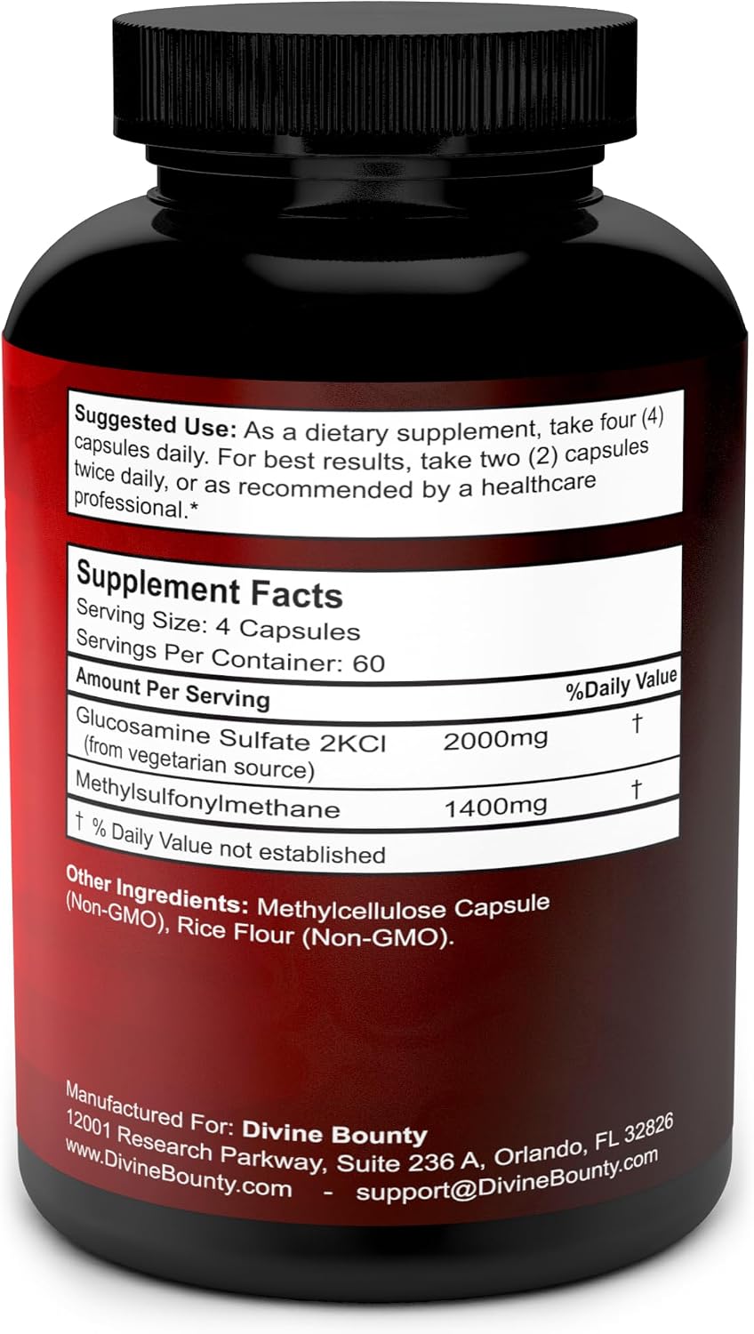Divine Bounty Glucosamine Sulfate 2000mg with MSM, 240 Small Capsules | Joint Support Supplement with No Shellfish or Harmful Additives