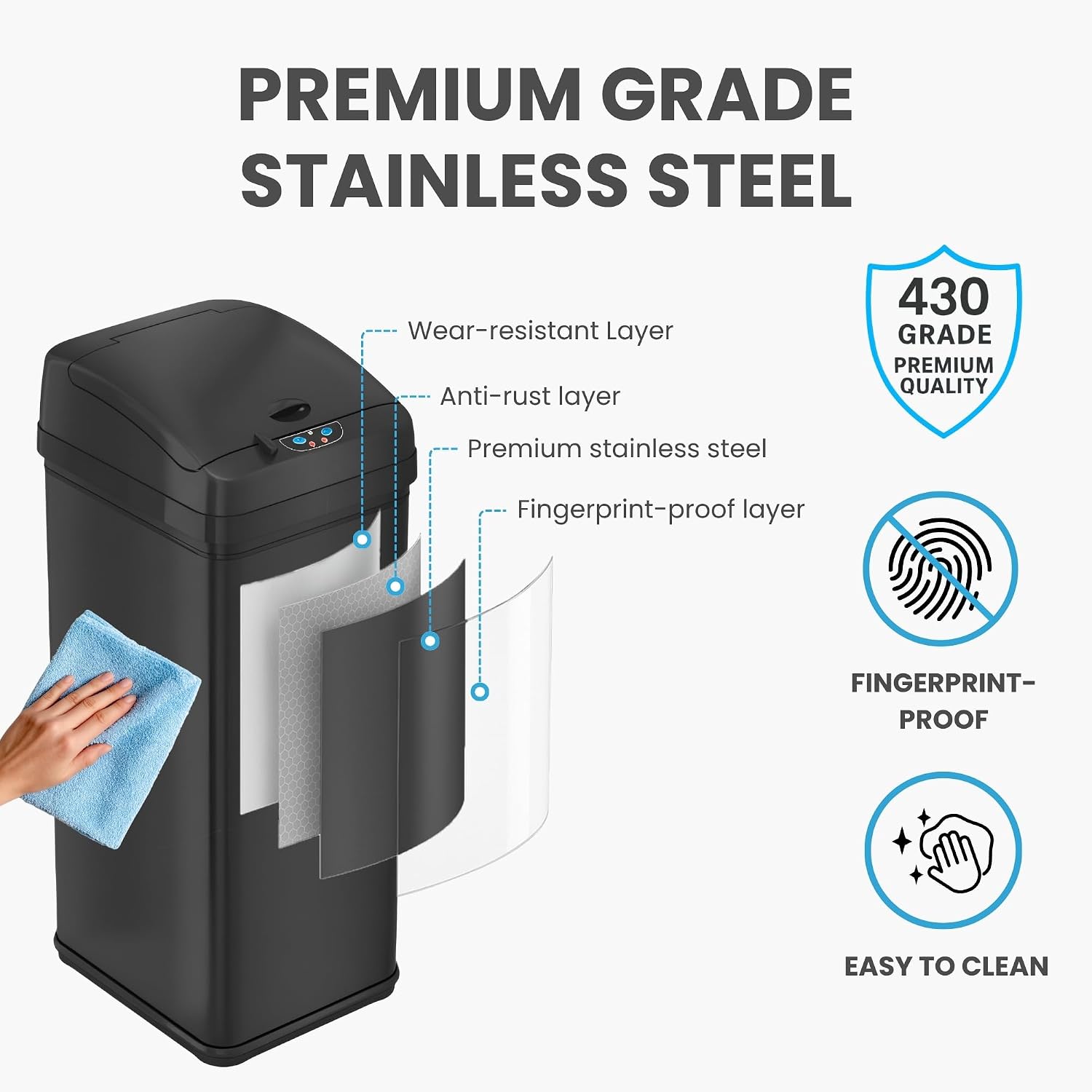 iTouchless 50 Liter / 13 Gallon Kitchen Trash Can with Lid & Deodorizer – Motion Sensor Semi-Round Stainless Steel Garbage Bin for Home, Office, or Garage – Slim, Wide Opening Large Capacity Design