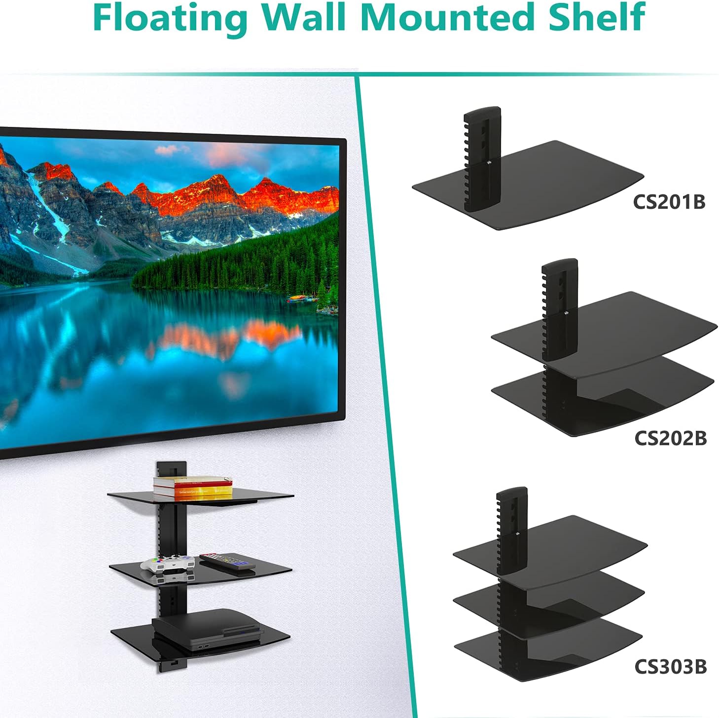 WALI Floating TV Shelf, 2 Tier Glass Projector Shelf for DVD Players, Routers, Game Consoles, Cable Boxes, Living Room Decor, Wall Mount Shelves Hold Up to 17.6lbs (CS202B), 2-Shelf, Black