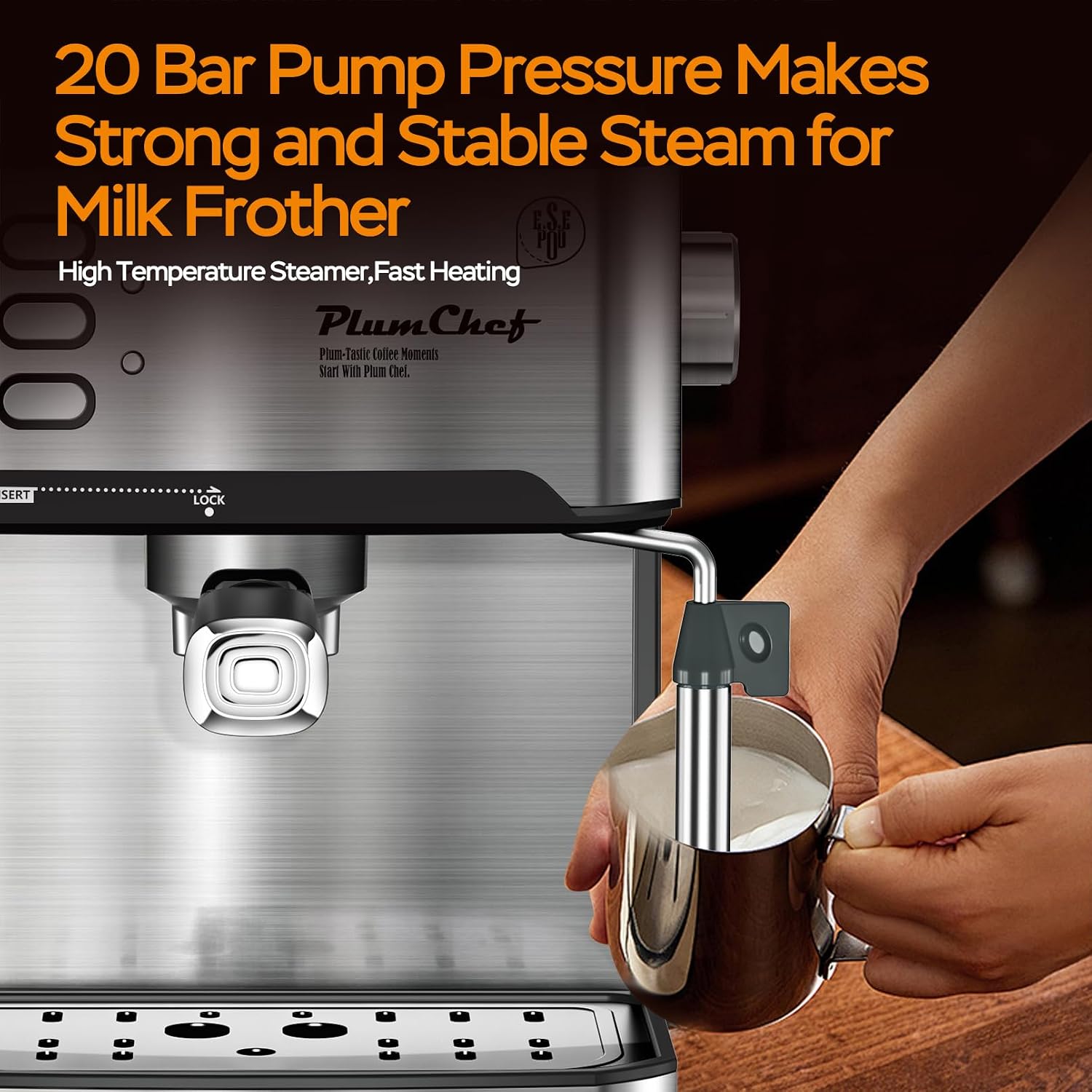Plum chef Espresso Machine 20 Bar, Household Coffee Maker with Milk Frother Steam Wand, Pressure Gauge, 54oz Large Water Tank, Low Noise Fast Brew for Cappuccino Latte Macchiato Home Office