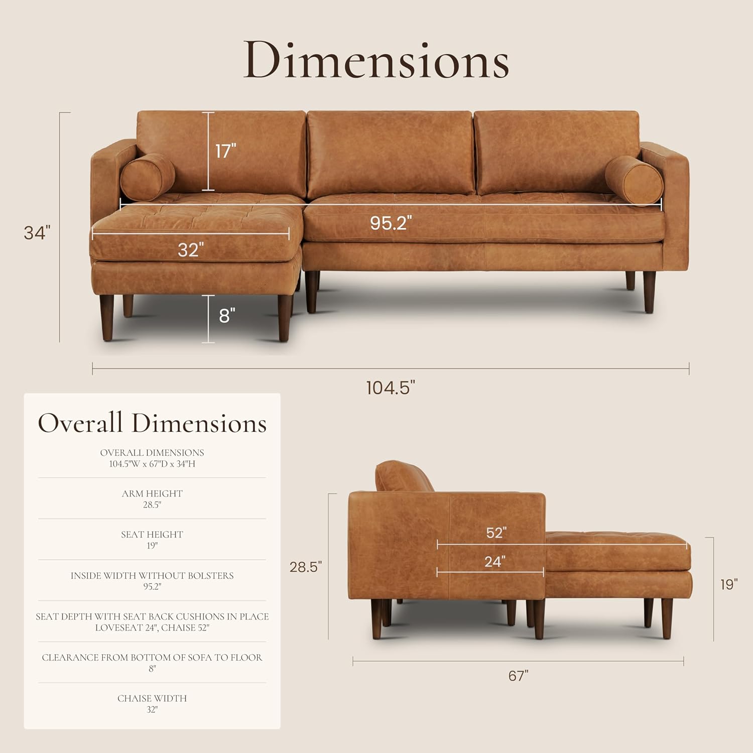 Poly & BARK 55" Tufted Leather Bed Bench for Bedroom End of Bed - Living Room Entry Way Bench - Pure Italian Leather Upholstery with a Solid Wood Frame - Ottoman Bench with Wooden Legs - Cognac Tan