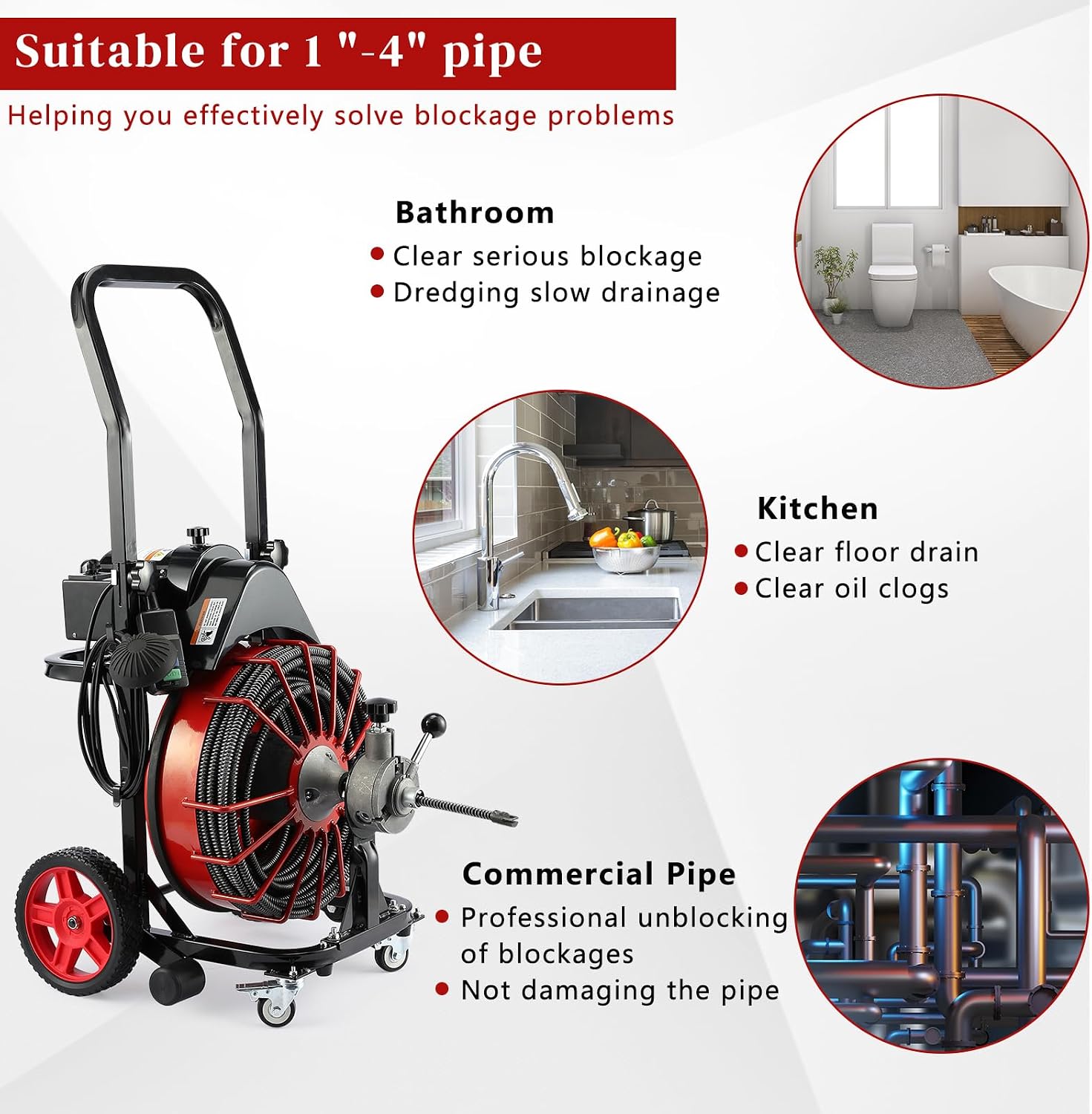 Drain Cleaner Machine, 100 ft x 1/2 in Sewer Auger for 1-4 in Pipes | 550W Motor with Auto-Feed Control, Air Foot Switch, GFCI Protection, 4 Cutters