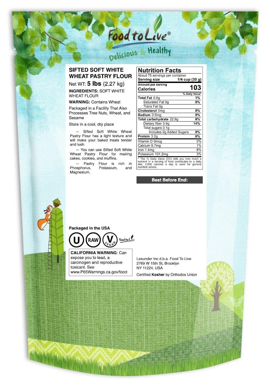 Food to Live Unbleached White Fine Pastry Flour, 2 Pounds – Stone Ground from Soft White Whole Wheat Berries, Finely Milled and Sifted, Unbromated