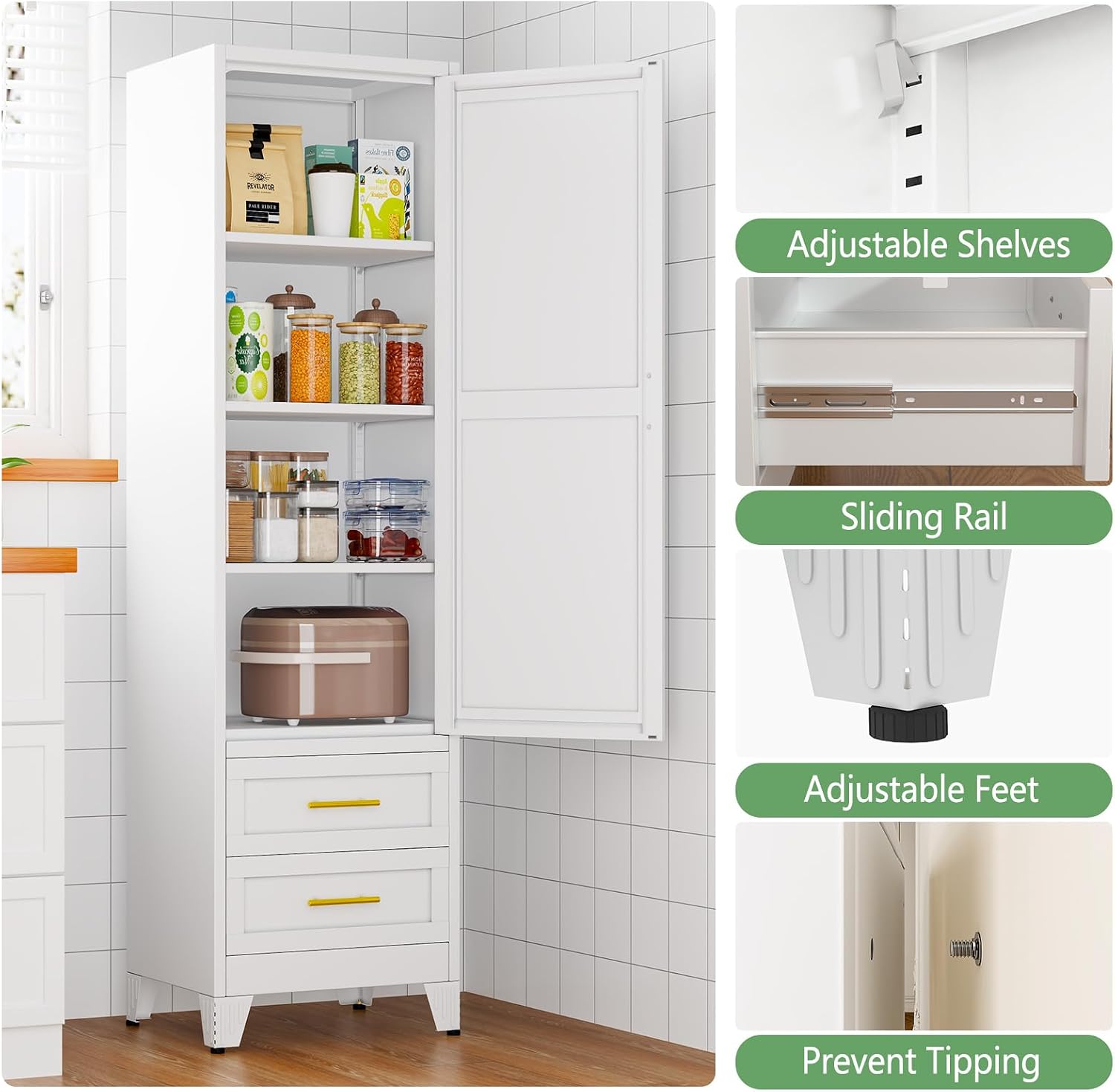 Ckzbx Tall Narrow Storage Cabinet 66.93" H Tall Bathroom Cabinet Metal Pantry Cabinets, 4 Adjustable Shelves for Kitchen, Home Office, Living Room, Dinning Room (20 inches Wide White)