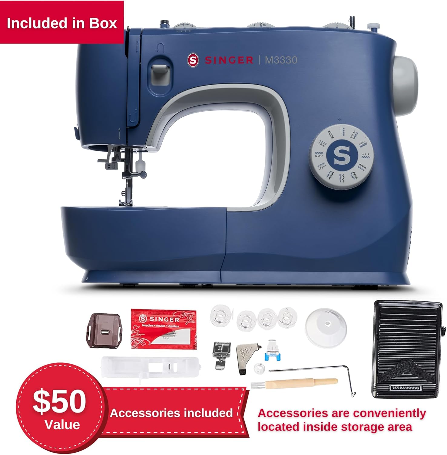 SINGER® M3330 Navy Blue Sewing Machine with Accessories, beginner-friendly