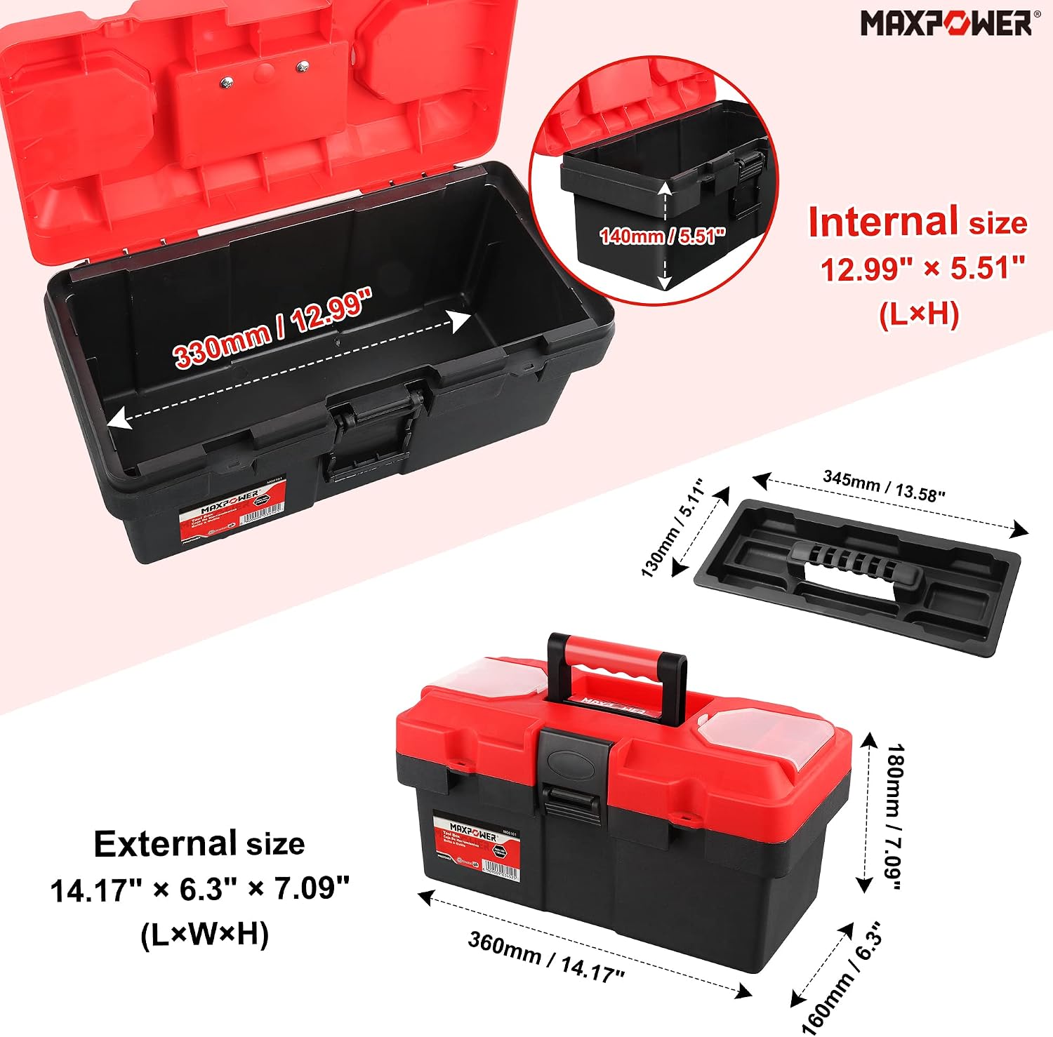 MAXPOWER Small Tool Box, 14-inch Plastic Tool Boxes with Handle | Removable Tray with Dual Lock Secured, Red Toolbox for Home