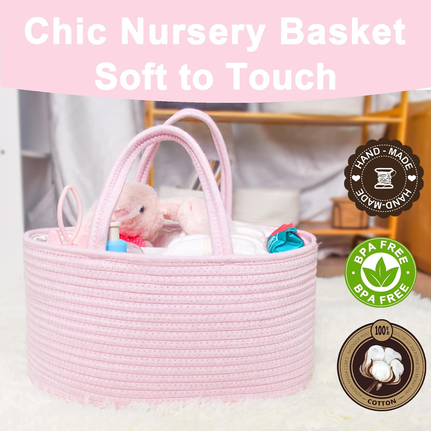 ABenkle Diaper Caddy Organizer - Cotton Rope Nursery Storage Basket for Baby Essentials, Boys & Girls Shower Gift, Changing Table Organizer