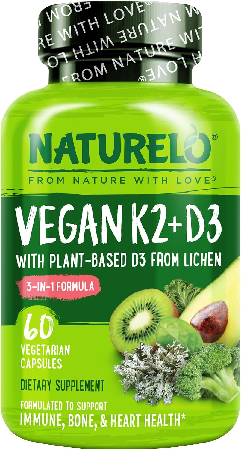 NATURELO Vitamin D3 K2, Vegan K2+D3 Supplement, 60 Capsules