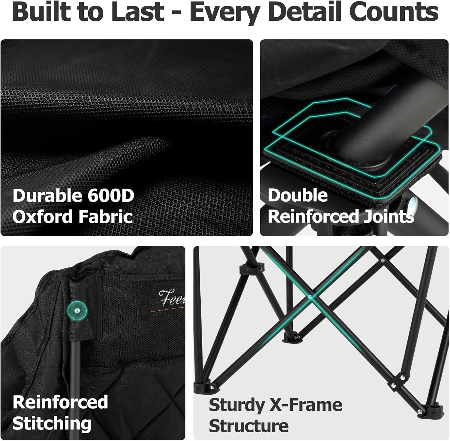 Overmont Oversized XL Camping Chair for Adults - 500lbs Support Heavy-Duty Padded Folding Chair with Side Pocket Cup Holder Cooling Bag for Outdoor Sports Garden Beach Fishing Lawn Black