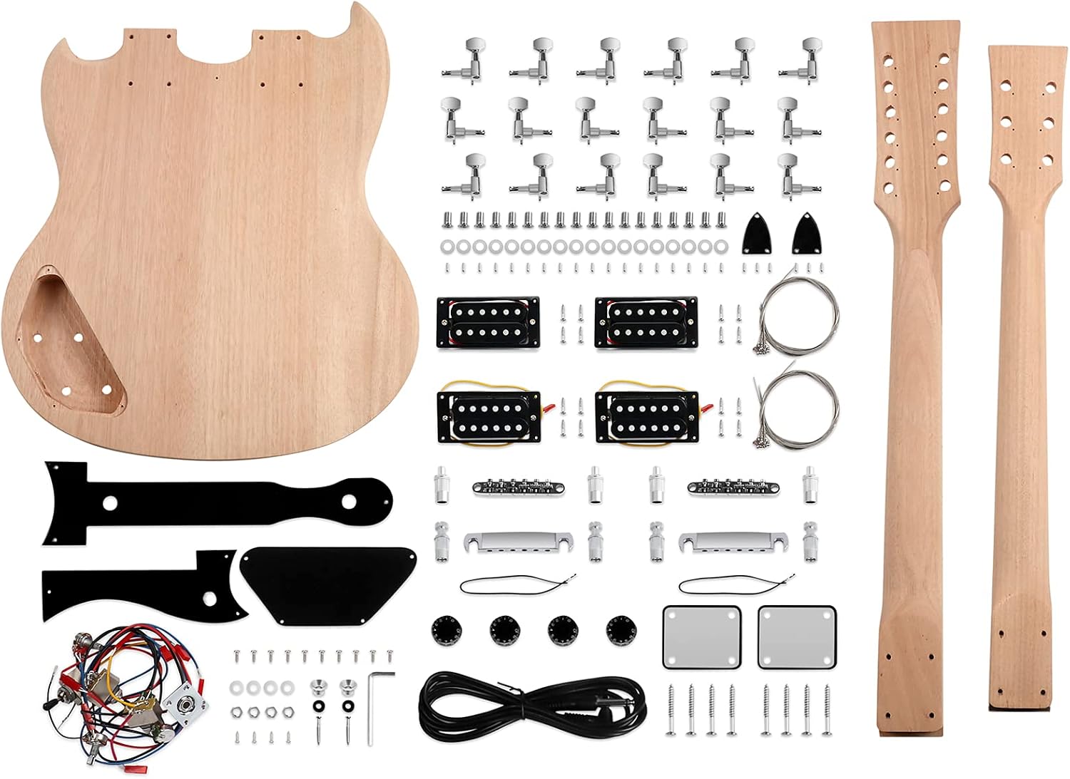 DIY Electric Guitar Kit Double Neck 12 String Beginner Guitar Kit | Mahogany Body, Mahogany Neck, Rosewood Fretboard, Right Handed, Chrome Hardware
