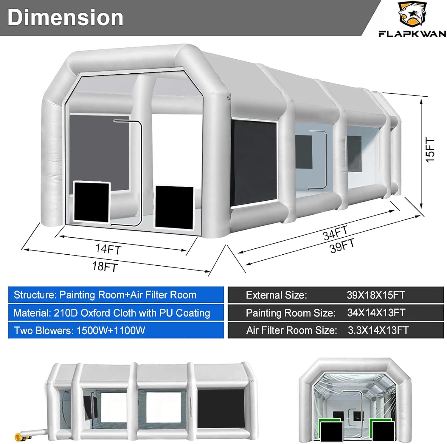 28X15X10FT Inflatable Spray Paint Booth Tent with Upgrade High-Power Blowers 950W+950W