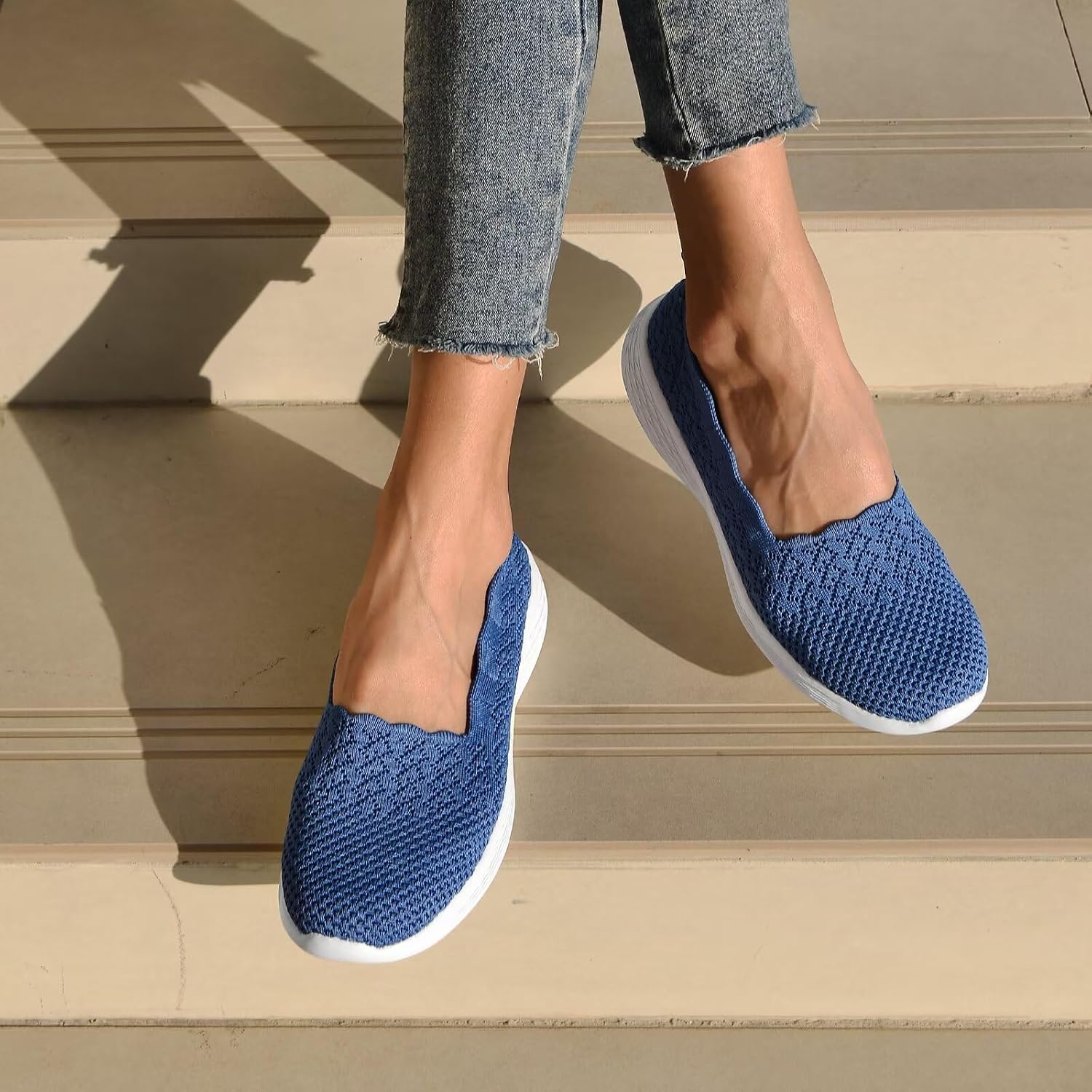 poemlady Women's Walking Shoes Slip On Knit Mesh Loafers Round Toe Flat
