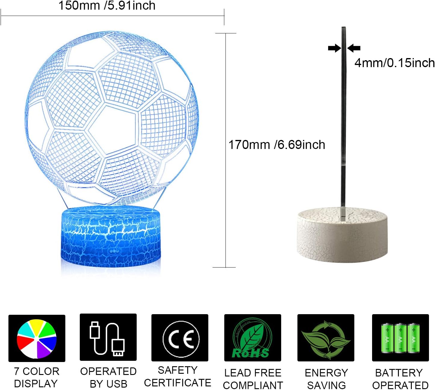 Volleyball 3D Illusion Night Light,16 Colors Changing Touch Switch & Remote Control,Acrylic Flat & ABS White Crack Base &USB Cable Table Lamp