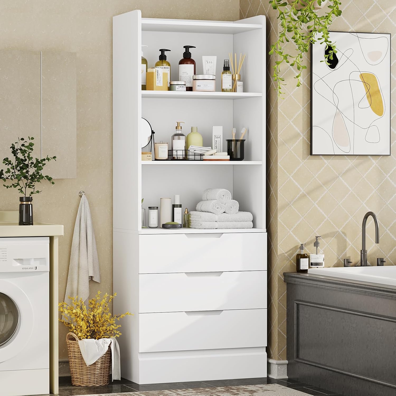 DICTAC 73.23'' Tall Storage Cabinet Bookcase with 3 Drawers and 3-Tier Open Shelves Wooden Bookshelf Kitchen Pantry Storage Organizer Cabinets for Living Room, Study, Kitchen,Bathroom,White