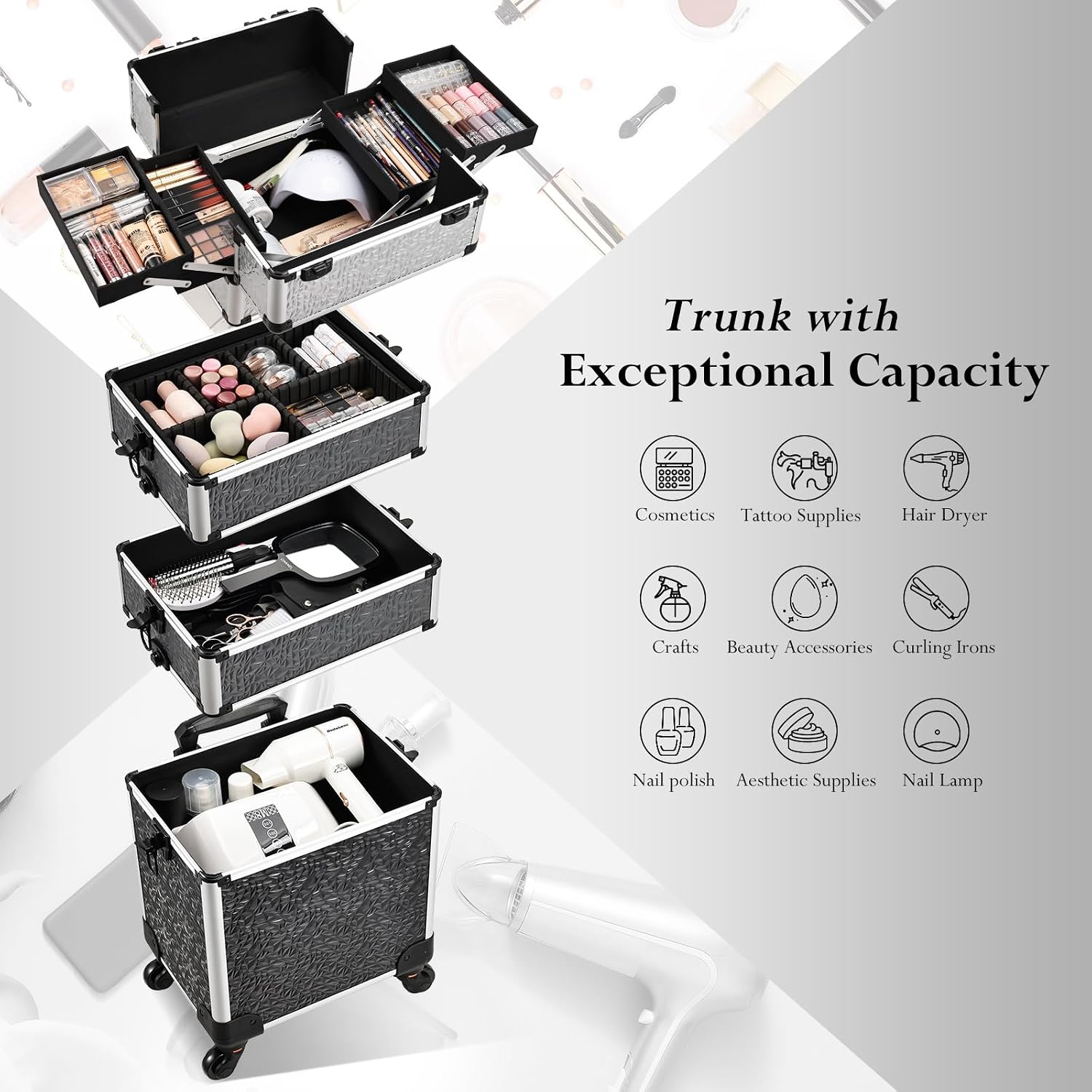 Stagiant Rolling Makeup Case Cosmetology Case on Wheels 4 in 1 Large Cosmetic Organizer Train Case Makeup Travel Case with Key Swivel Wheels Nail