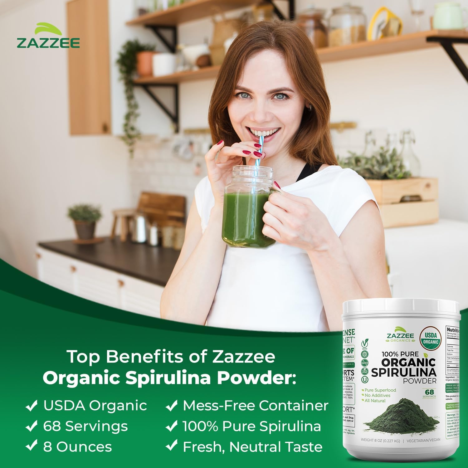 Zazzee USDA Organic Spirulina Powder, 2.2 Pounds (1 KG), 303 Servings | Certified Kosher, 100% Pure, Non-Irradiated, Mess-Free Wide Mouth Container, Fresh Smell, Neutral Taste, Non-GMO, Made in USA
