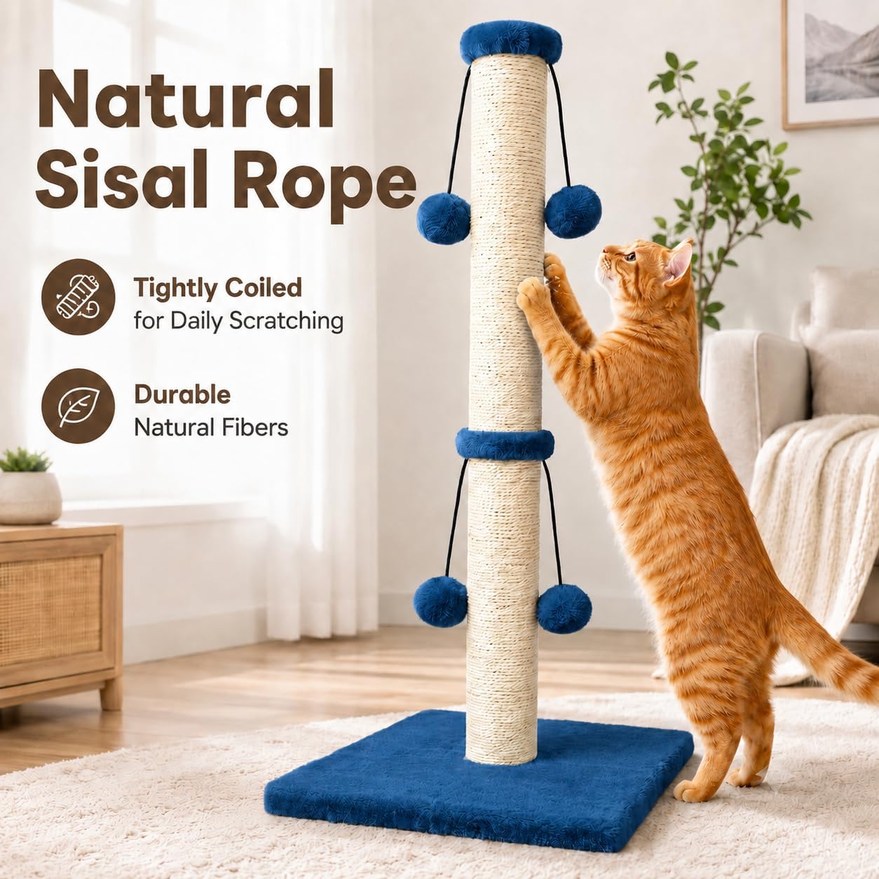 Dimaka 29'' Cat Scratching Post, Natural Sisal Rope Scratcher Post, Kitten Claw Scratch with 4 DanglingToy Balls for Large Cats (Grey)