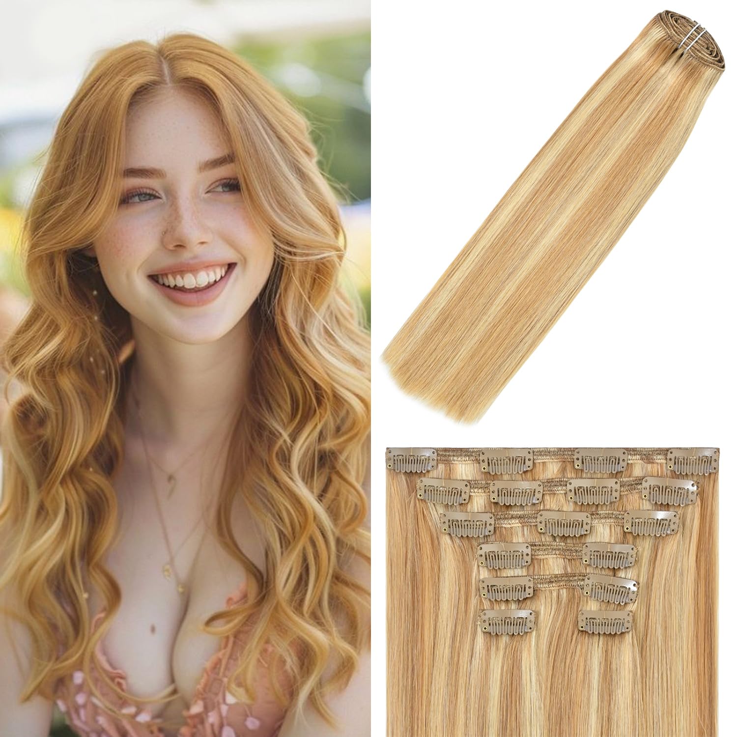 WindTouch Clip In Hair Extensions Human Hair Mixed Bleach Blonde 18Inch 75g Hair Extensions for Women Remy Blonde Extensions Clip in #18p613 7PCS