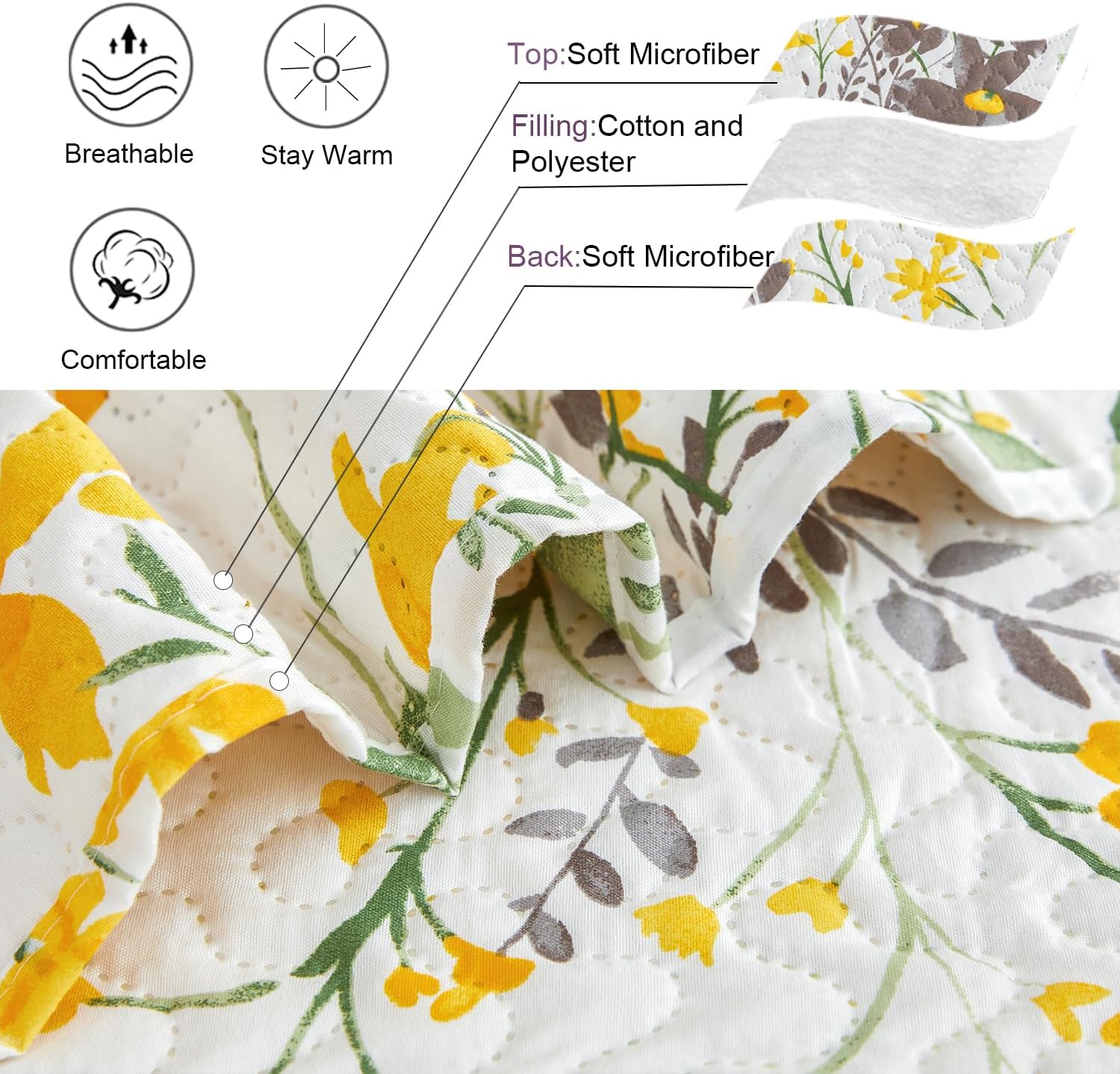 Ycosy Floral Quilt Set Full/Queen Size Reversible Flower Bedspread Queen Summer Lightweight Quilt Bedding Purple Floral Quilts Green Leaves Coverlet
