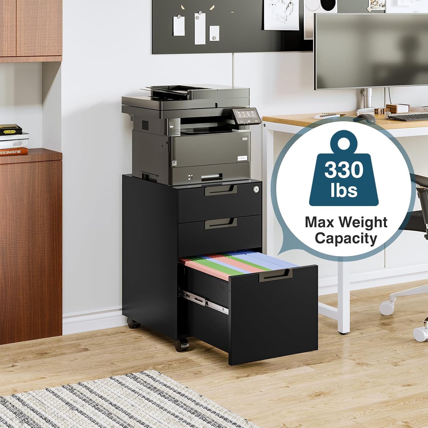 MIIIKO 3 Drawer File Cabinet with Lock, Metal Lateral Rolling Printer Stand Filing Cabinets for Home Office Storage,A4, Letter,File Folders(White)
