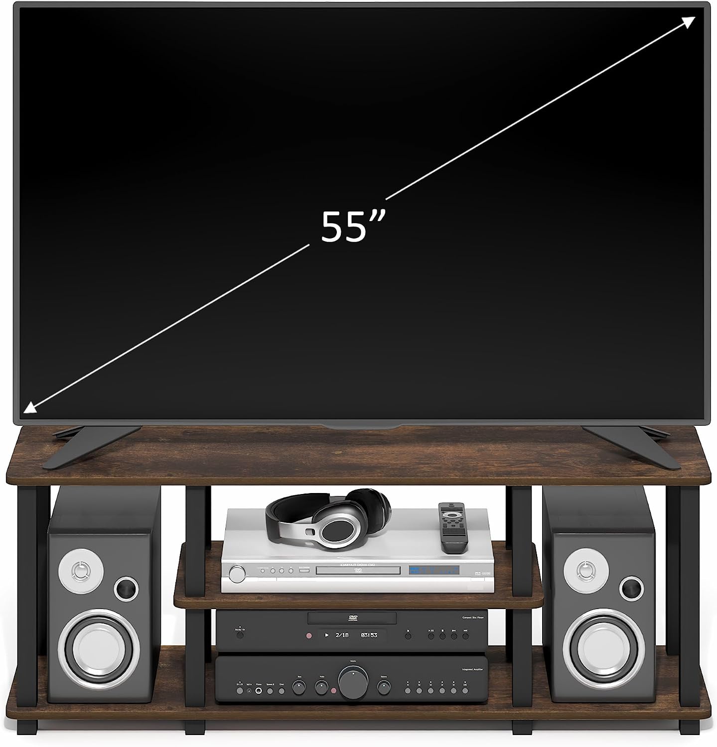 Furinno Turn-N-Tube No Tools 3D 3-Tier Entertainment TV Stand up to 50 inch TV, Round Tubes, French Oak Grey/Black | for TV up to 50 Inch, Open Frame Rectangular Entertainment Center with Storage Shelf, TV Console, for Living Room, Bedroom
