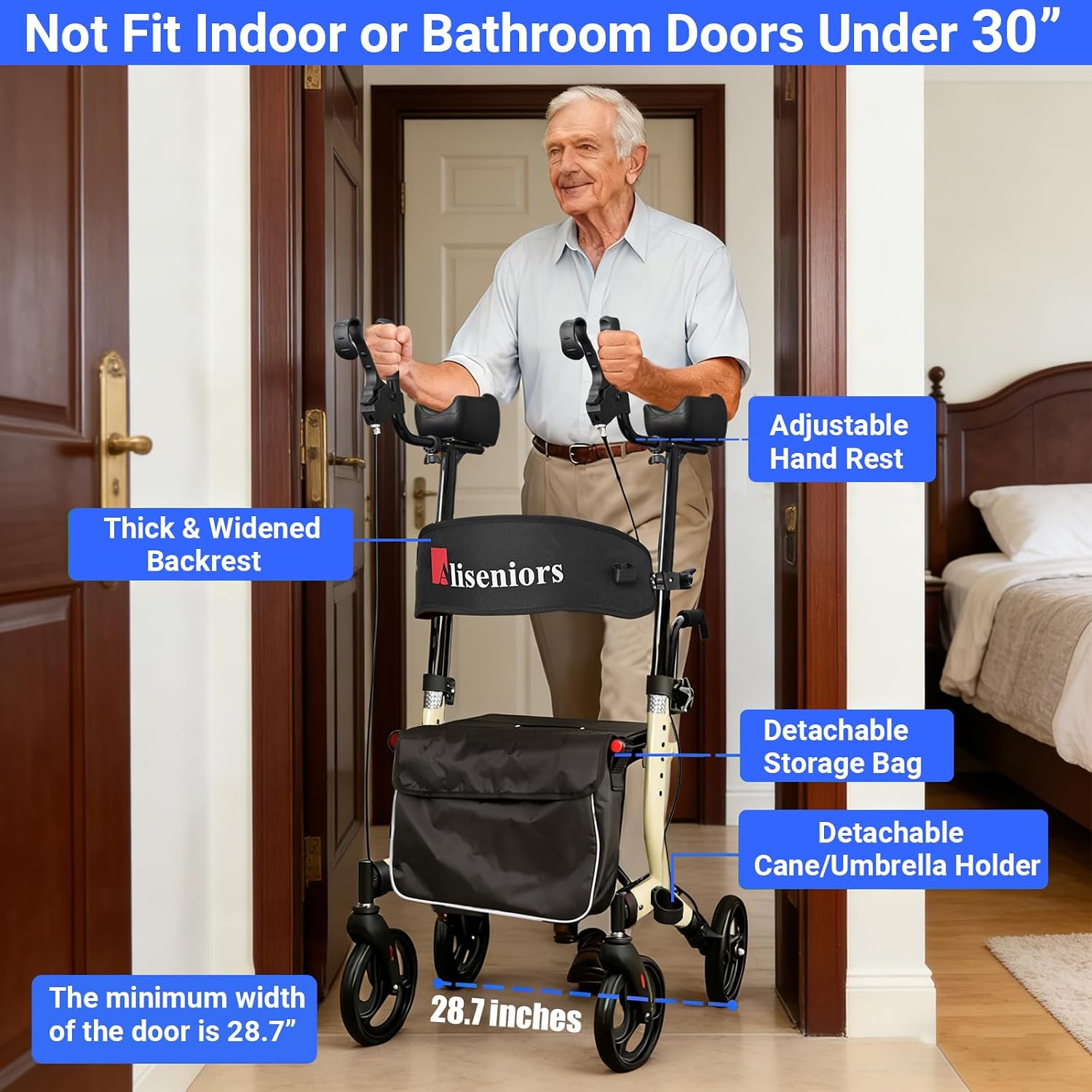 Aliseniors Upright Walker for Seniors - Big Stand Up Walker with Wide Seat, Foldable 4 Wheel All-Terrain Rolling Walker, Adjustable Armrests, 300lbs, Improves Posture & Reduces Back Strain | 20.6" Wide Seat, Foldable Rollator, 8" All-Terrain Wheels, Adju…