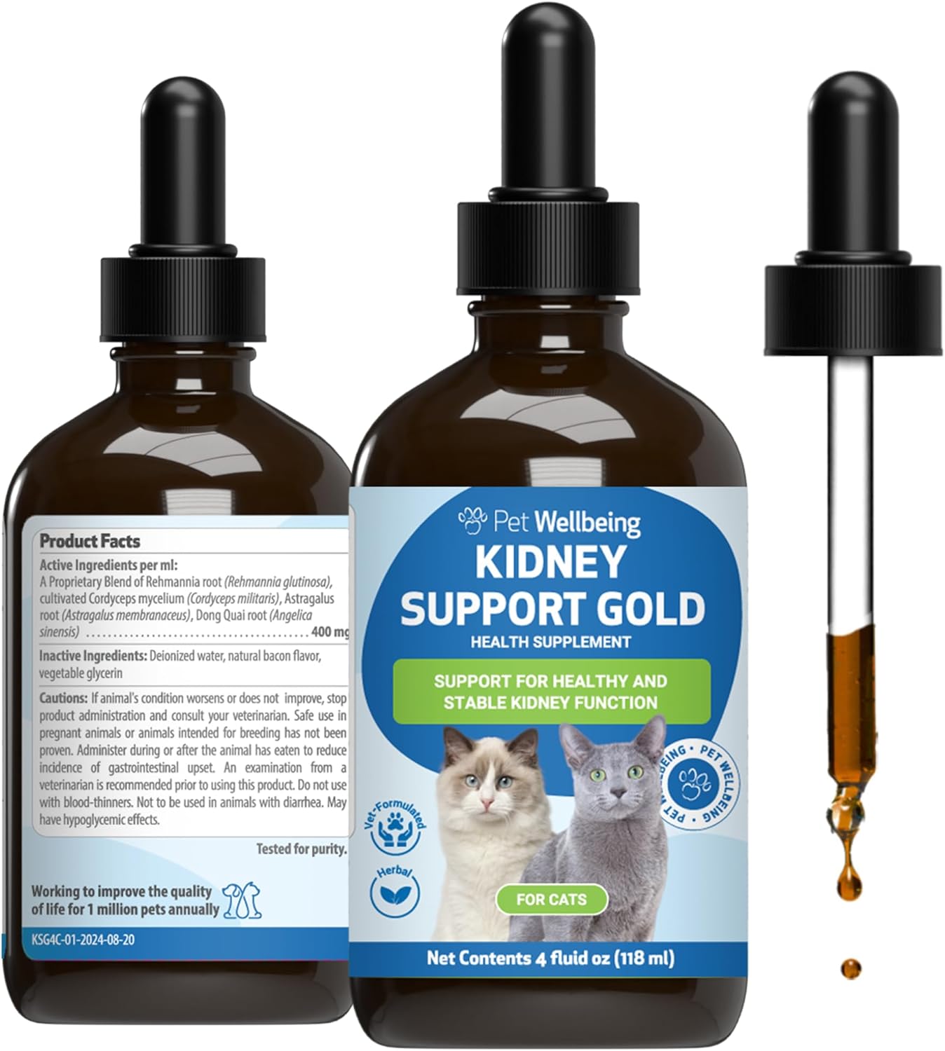 Pet Wellbeing Kidney Support Gold for Cats - Supports Normal Kidney Function & Detox, Healthy Hydration & Energy with Rehmannia & Dong Quai - NASC Certified & Vet-Formulated - 2oz Liquid Formula | NASC Certified & Vet-Formulated Liquid Kidney Support Sup…