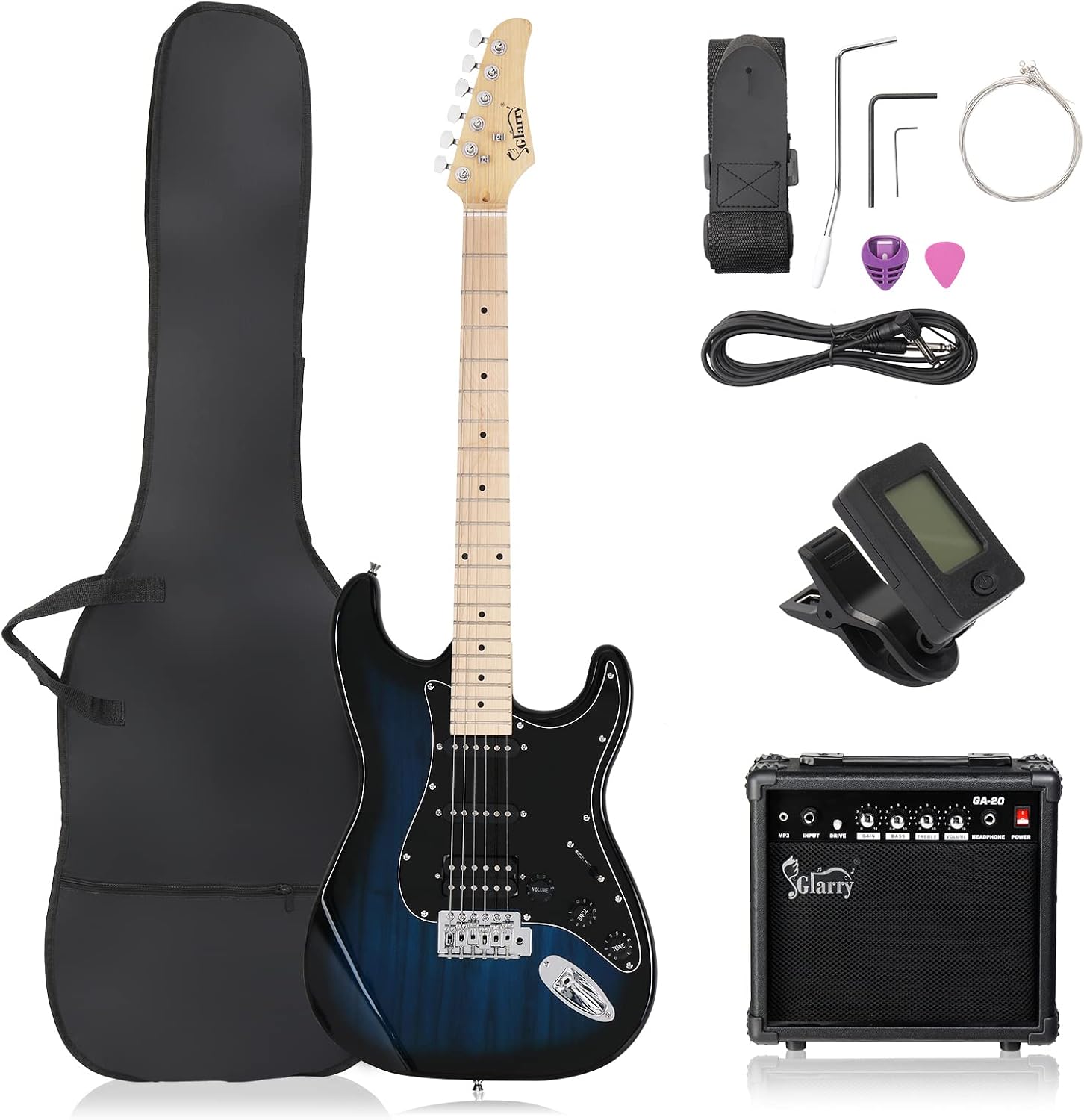GLARRY 39" GST Series Electric Guitar Kit with Amp for Beginner Starter, HSS Pickups Full Size Guitar Included Digital Tuner, Strings, Picks