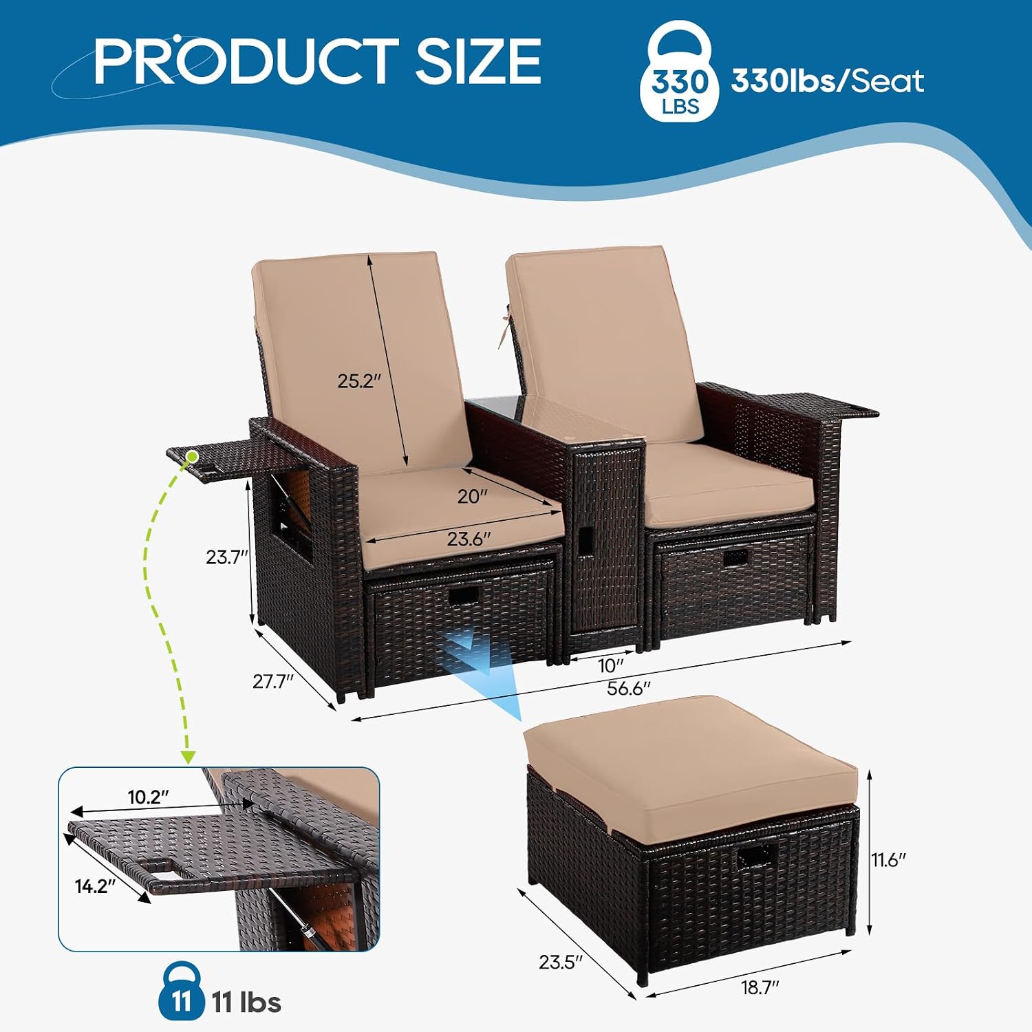 5PCS Outdoor Wicker Chaise Lounge Chair - Rattan Adjustable Reclining Patio Lounge Chair with Ottoman and Coffee Table