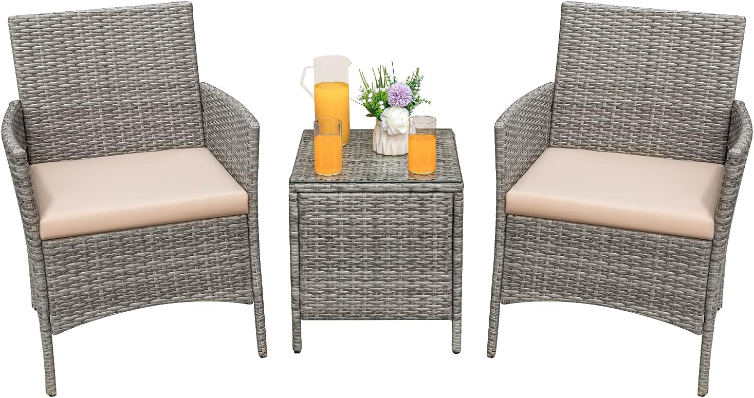 Greesum 3 Pieces Patio Furniture Sets Outdoor PE Wicker Chairs,Beige
