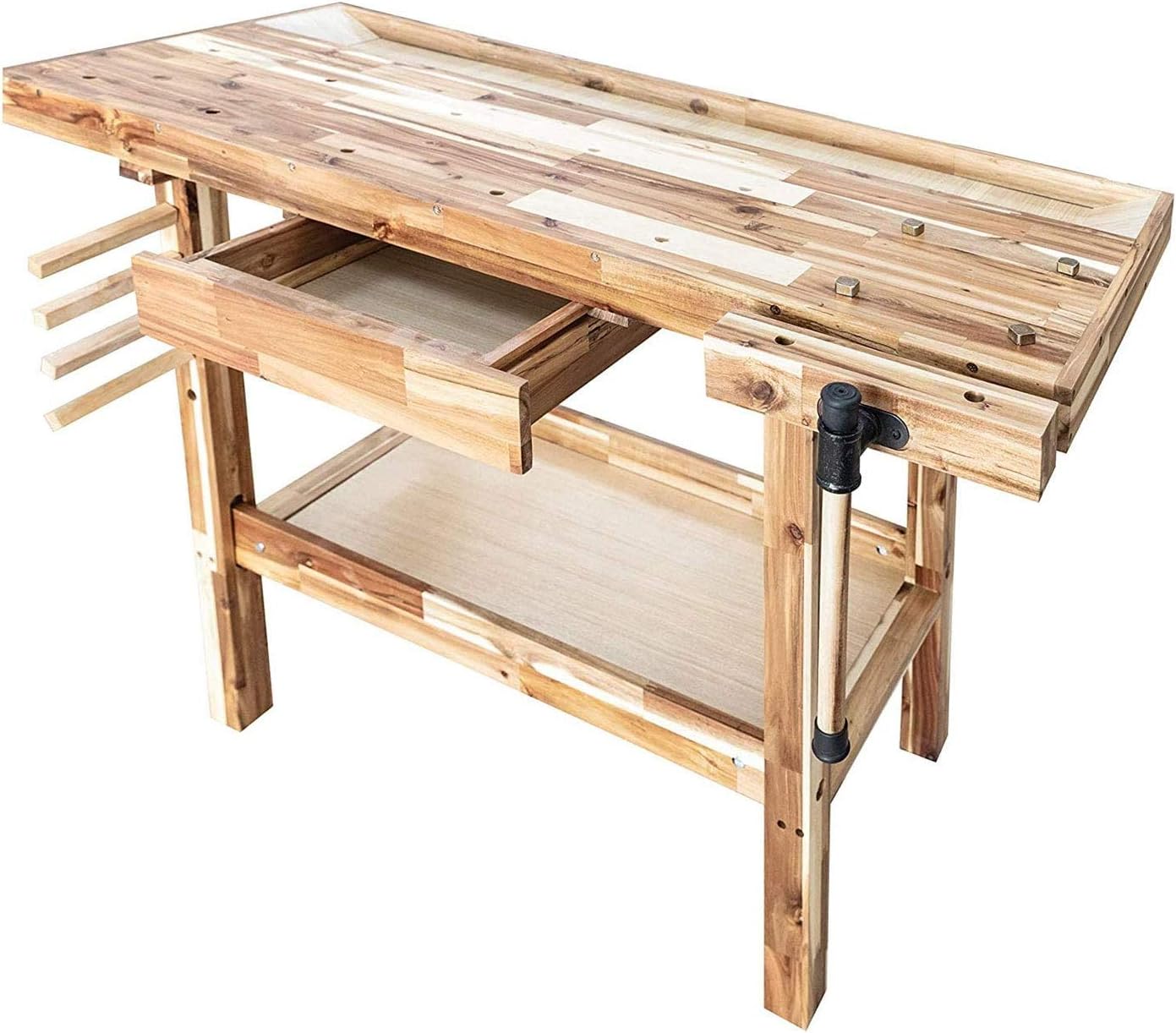 Olympia Tools 48 Inch Acacia Hardwood Woodworking Carpentry Work Bench Table with Built in Vise, Storage Drawer and Shelf, 330 Pound Capacity