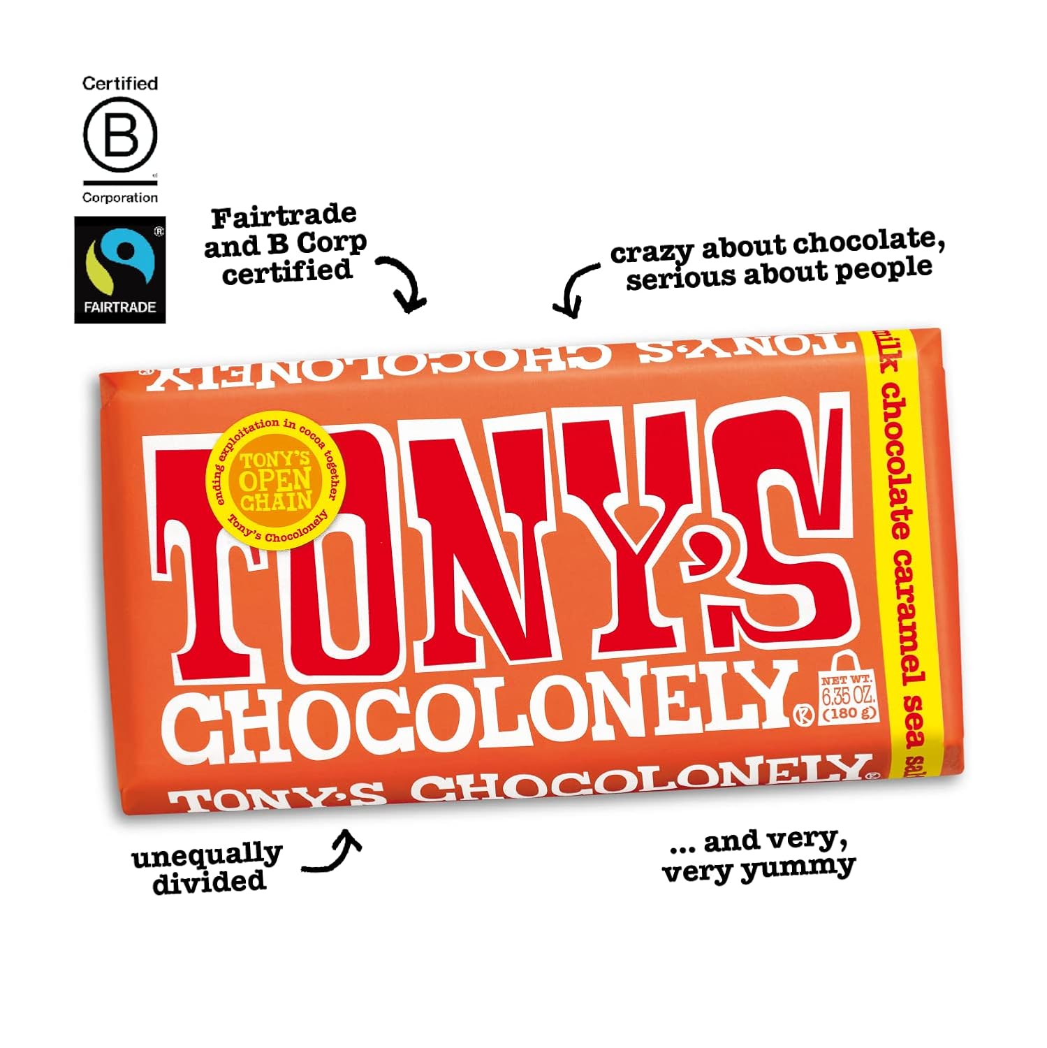 Tony’s Chocolonely Super Duper Milk Chocolate Candy Bar Bundle, Milk & White Chocolate With Sea Salt, Caramel, Pretzel Toffee, Almond, Hazelnut, Made From Quality Fairtrade Cocoa, 6 Bars, 6.35 Oz Each