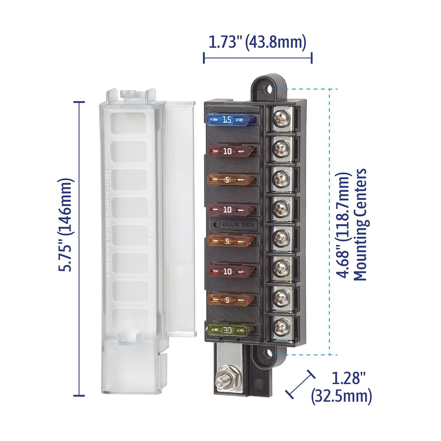 Blue Sea Systems ST Blade Fuse Block 6 Way Circuits with Negative Bus and Cover, 100 Amps, 5025