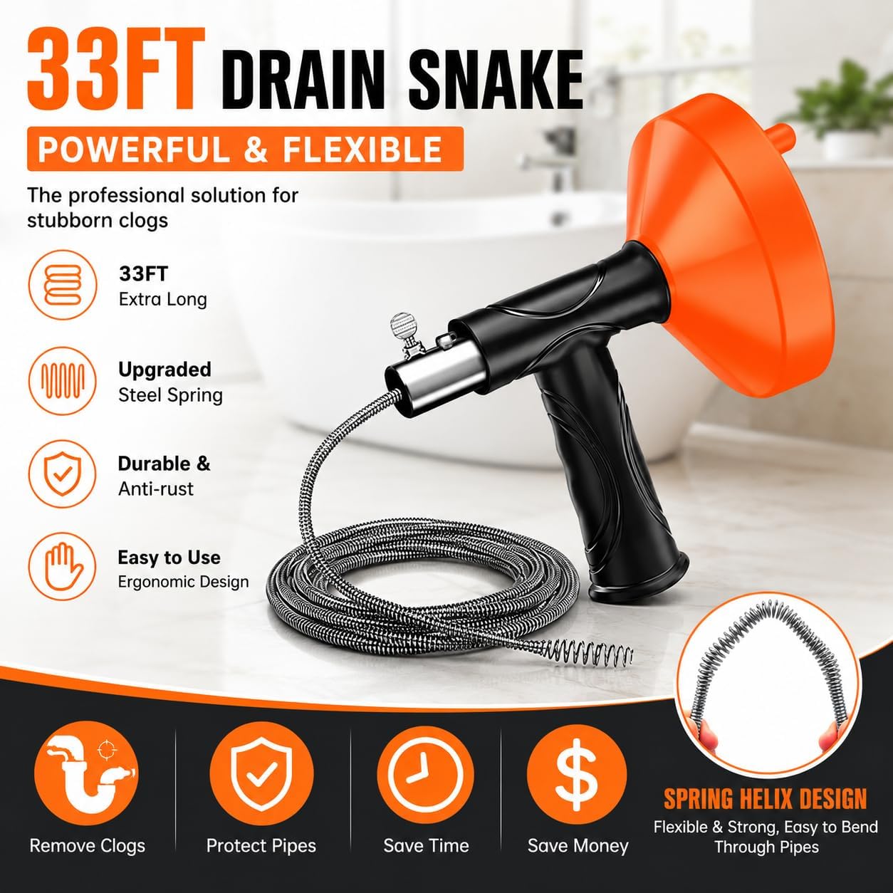 33 Feet Drain Snake Auger, Plumbing Snake Drain Hair Clog Removal Tool, Sink Unclogger Drain, Heavy Duty Drum Auger