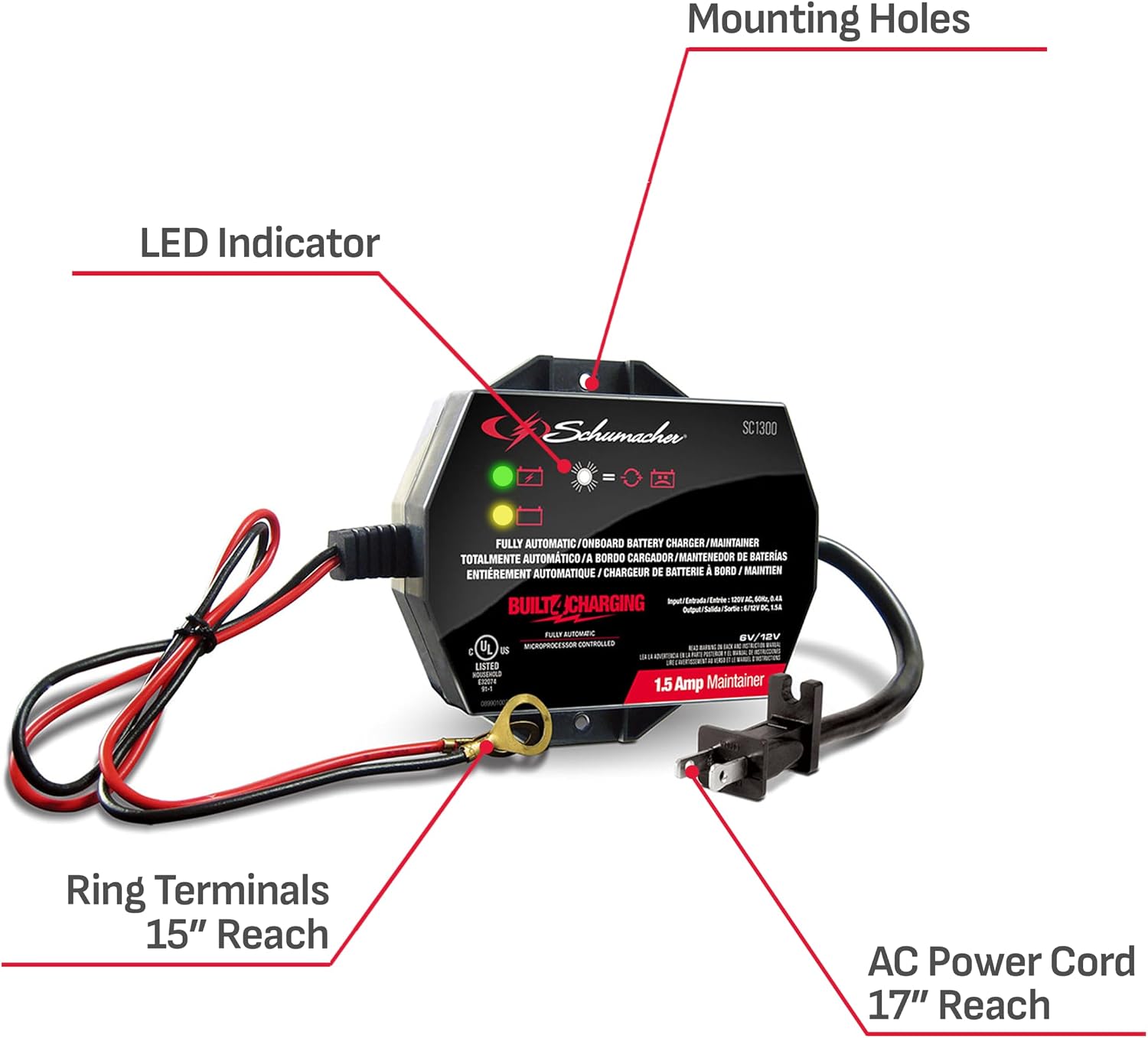Schumacher Electric 1.5A Car Battery Charger & Maintainer, 6V/12V – SC1300