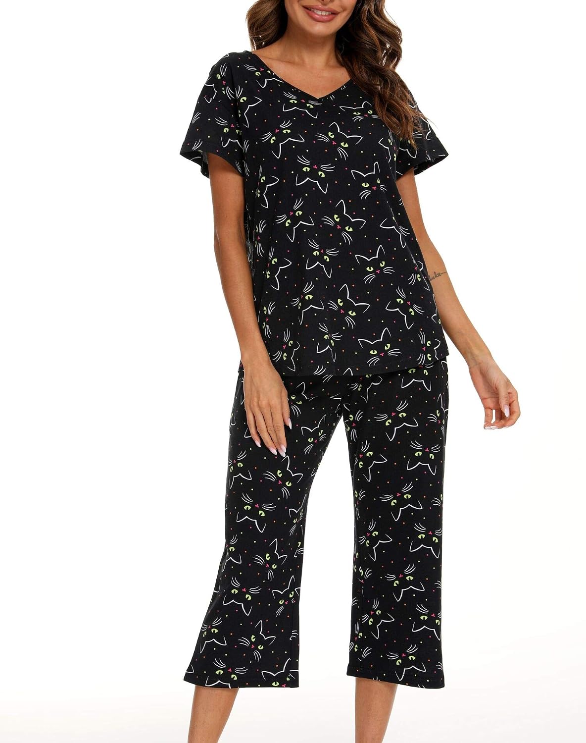 ENJOYNIGHT Womens Pajama Set Cotton Summer Pj Top with Capri Pant Sleepwear