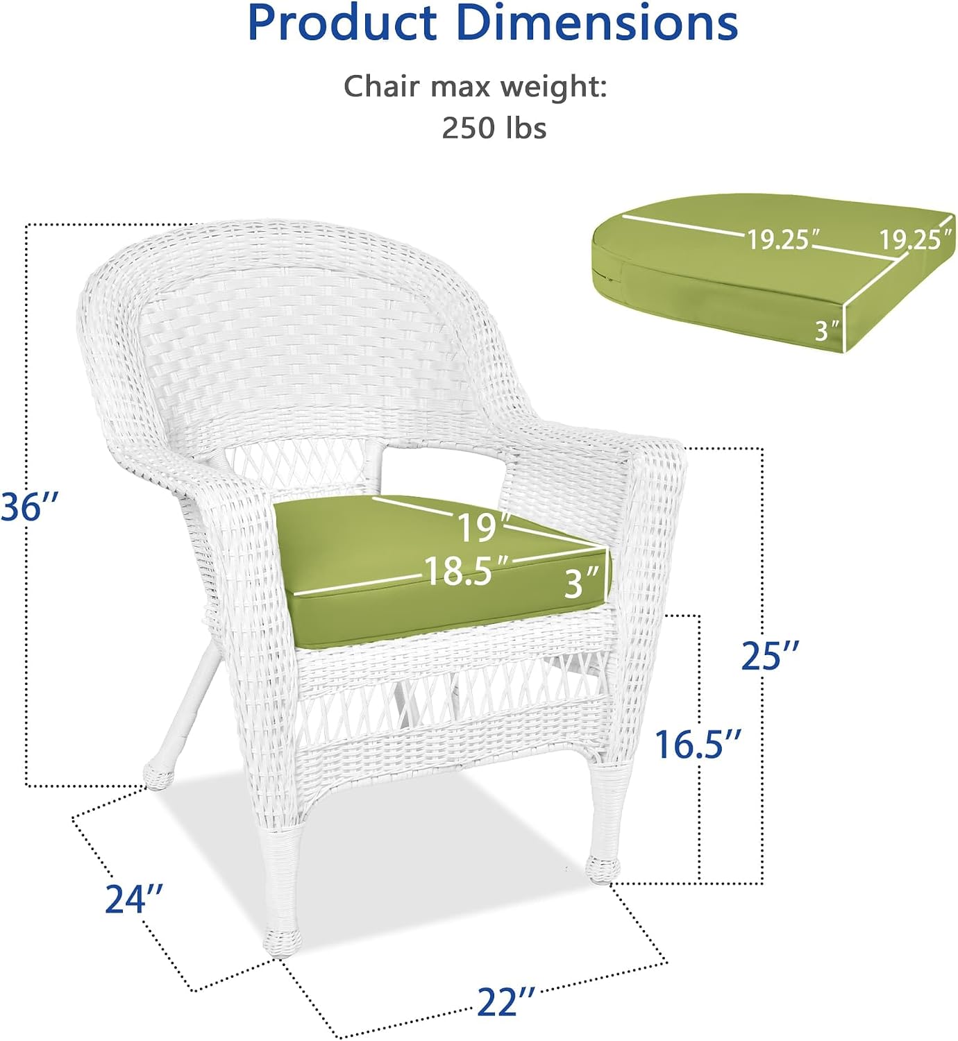 Jeco Wicker Chair with Green Cushion, Set of 2, White/W00206-