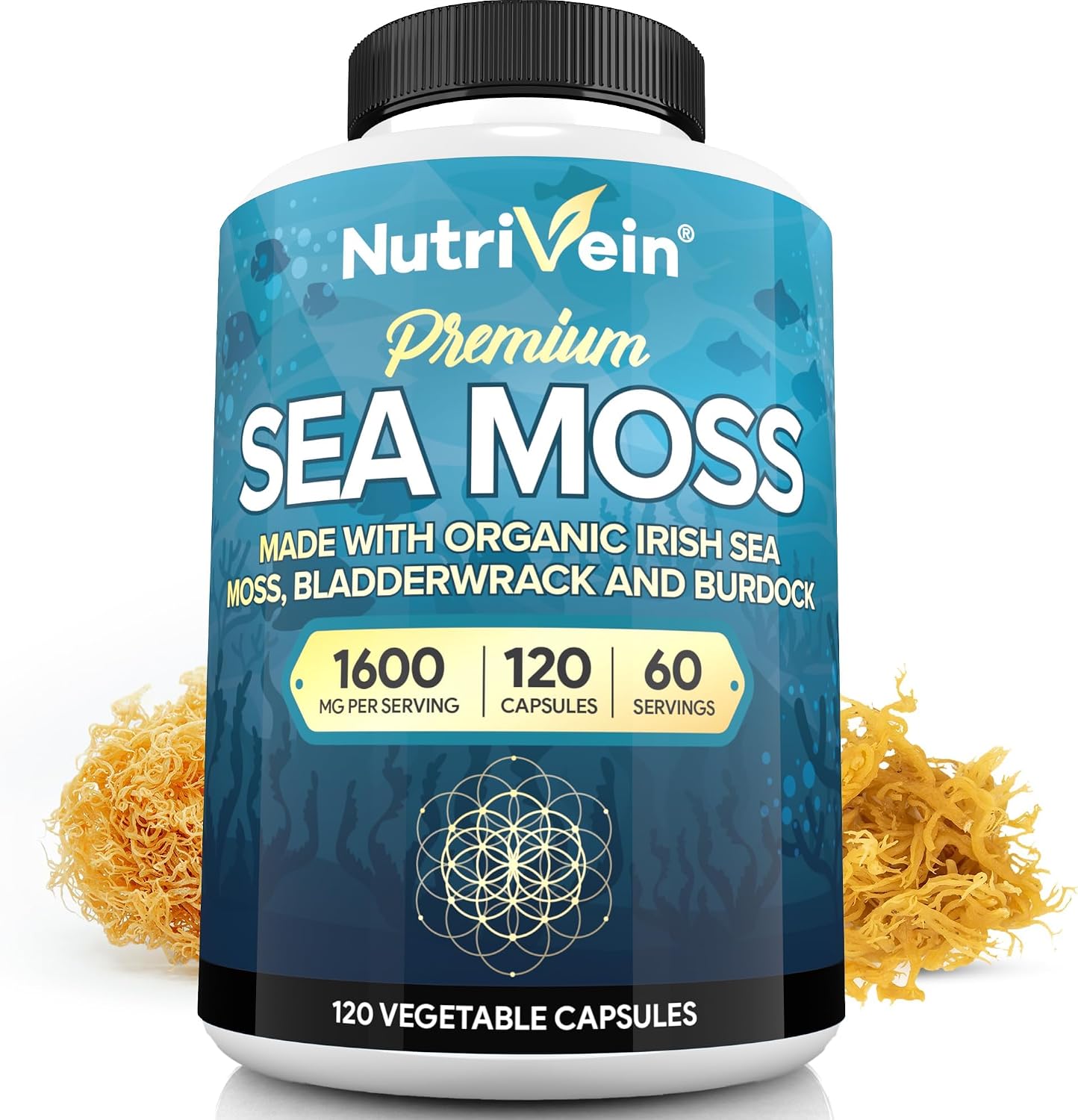 Nutrivein Organic Sea Moss 1600 mg, Bladderwrack & Burdock - 120 Capsules