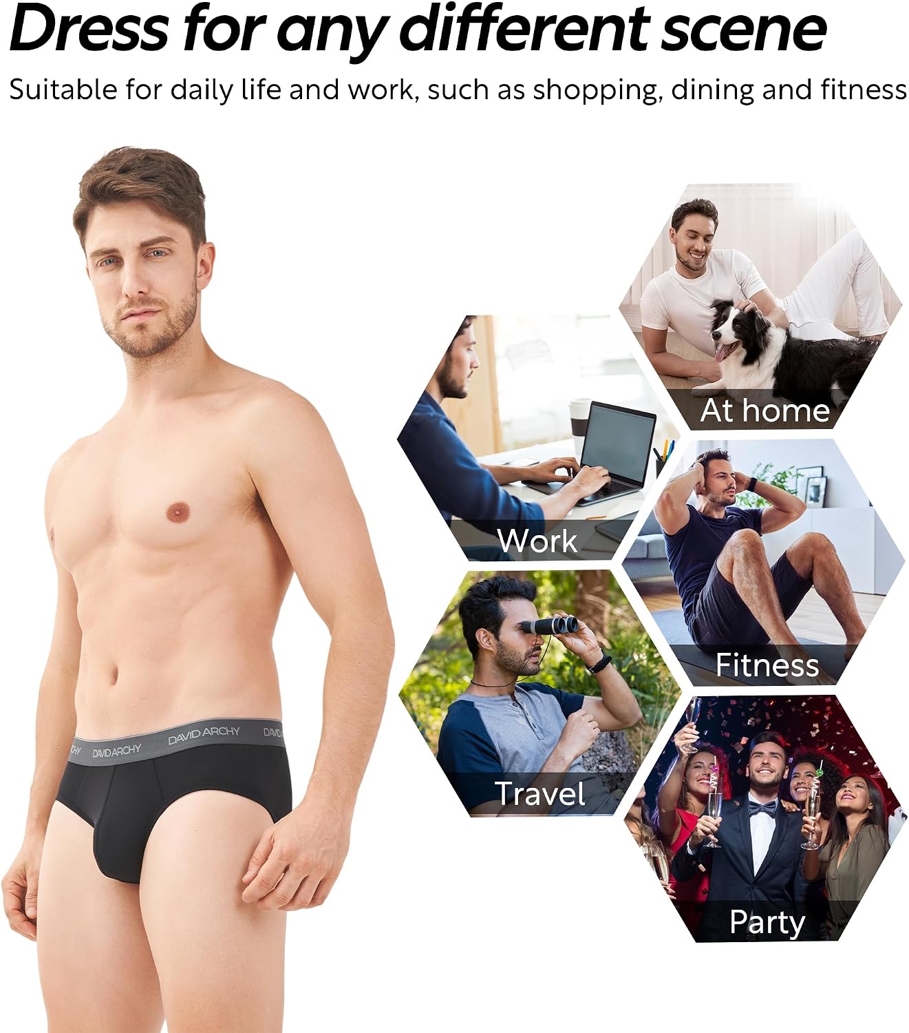 DAVID ARCHY Men's Breathable Support Pouch Underwear Briefs 4 or 7 Pack | Cooling moisture-wicking no-fly Rayon made from bamboo features anti-roll elastic waistbands and vibrant fade resistance.
