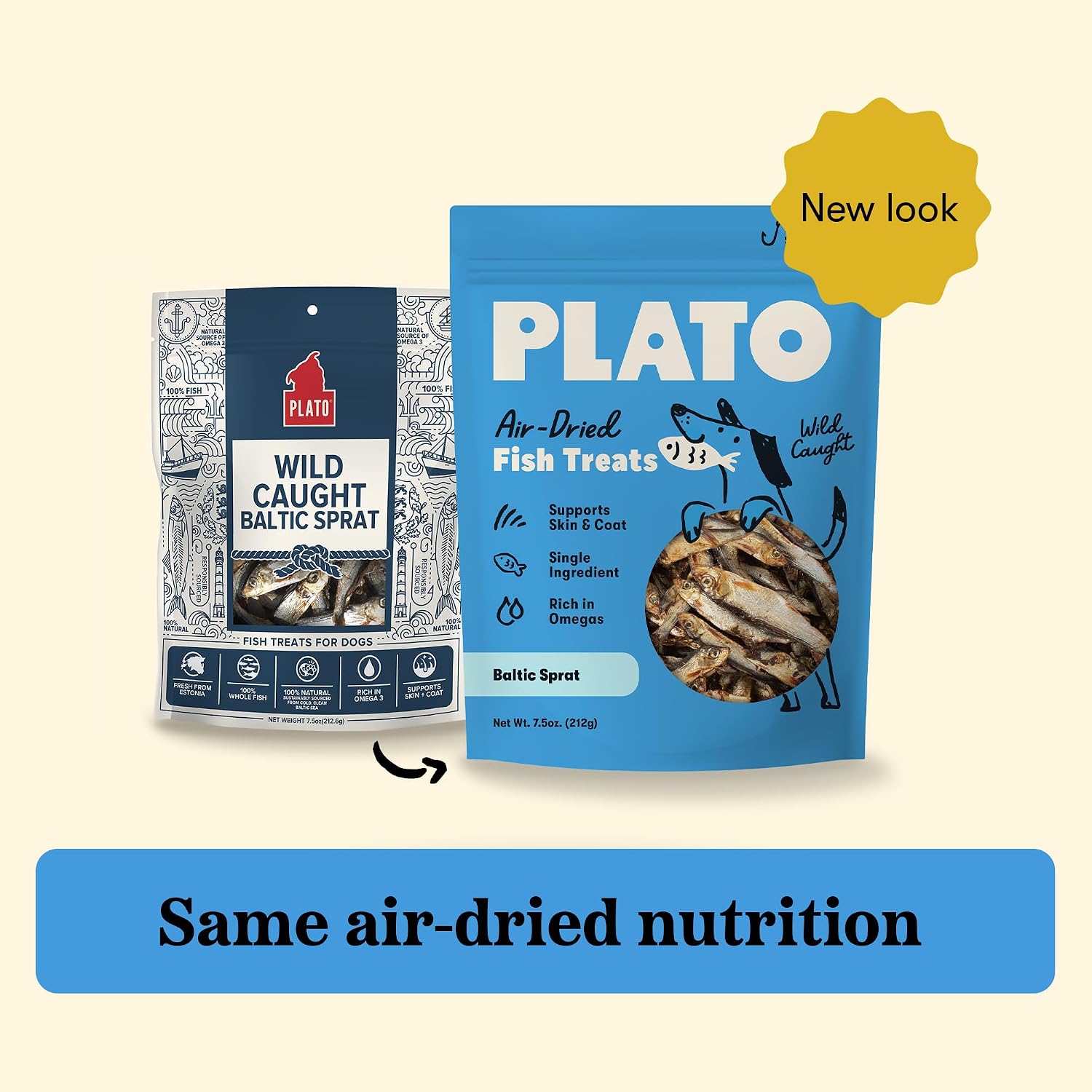 PLATO Single Ingredient Wild-Caught Baltic Sprat Dog Treats, Air-Dried Whole Fish, Omega-Rich Skin & Coat Support, 3 oz