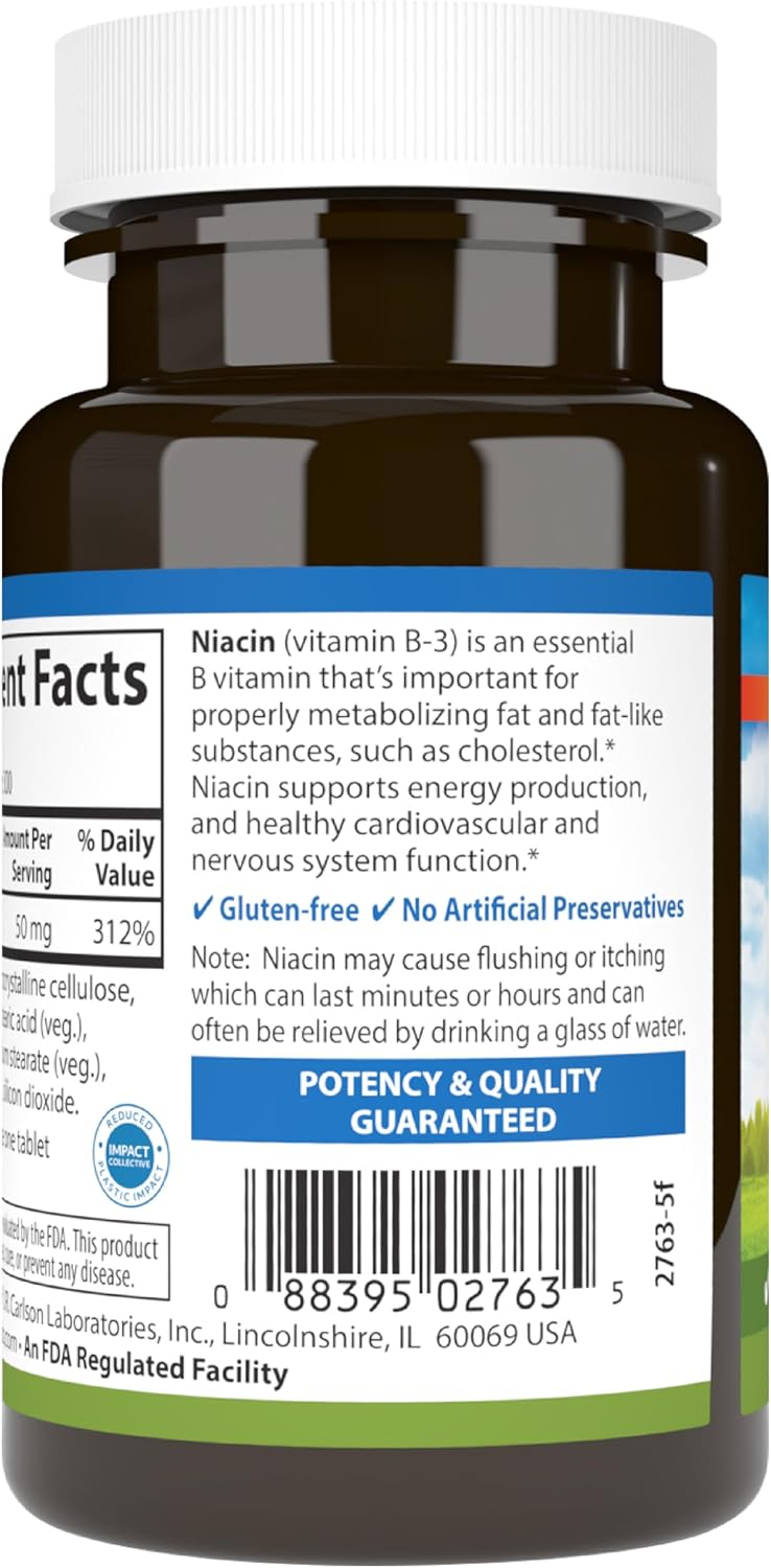Carlson Niacin, 50 mg, Cholesterol Metabolism, Nerve Function, 300 Tablets | Energy Production