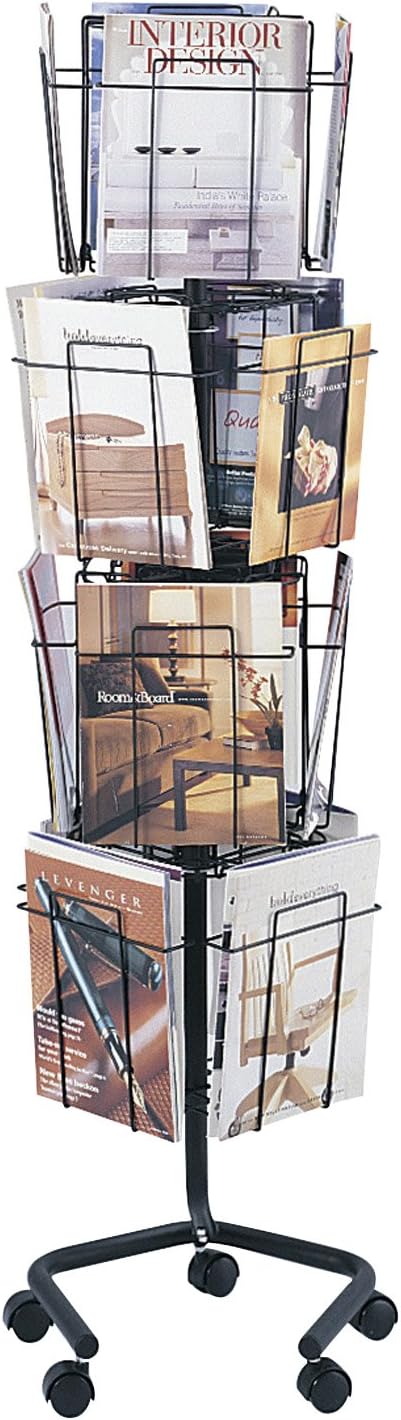 Safco Rotating Wire Magazine Holder, Metal Display Rack with 16 Pockets, 4 Tier Rolling Organizer, Powder Coat Finish, 5 Casters, Charcoal