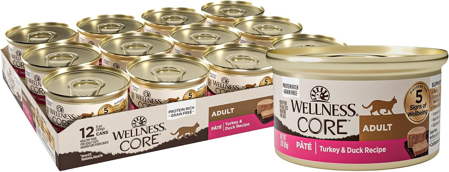 Wellness CORE Pate Adult Canned Wet Cat Food, Natural, Protein Rich, Grain Free, Turkey and Duck Recipe, 3 oz, Pack of 12 Cans