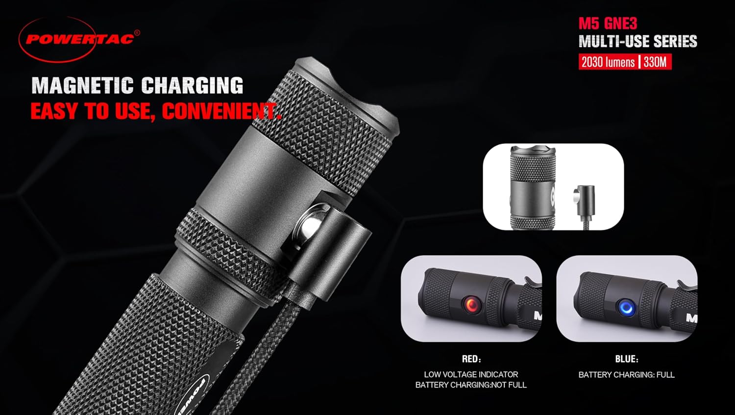 M5-G3 2030 Lumens Rechargeable Tactical Flashlight, 330M Throw with Magnetic Charging and Dual Switch, LED Flashlight for Outdoor Emergency