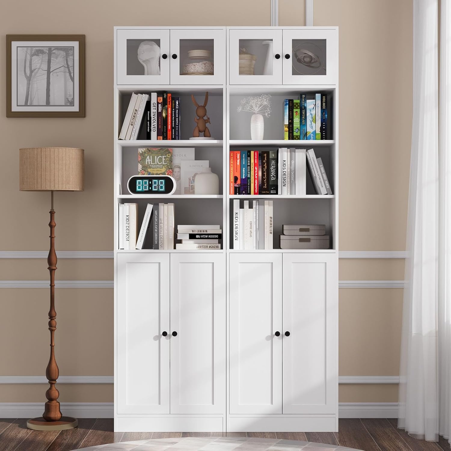 TUSY 85.5 Inch Tall Bookshelf with Doors - 7 Tier Bookcase with Glass Doors and Drawer, 23.6" Wide Storage Cabinet with Open Shelves for Living Room, White Book Shelf for Home Office, Study (AAAA)
