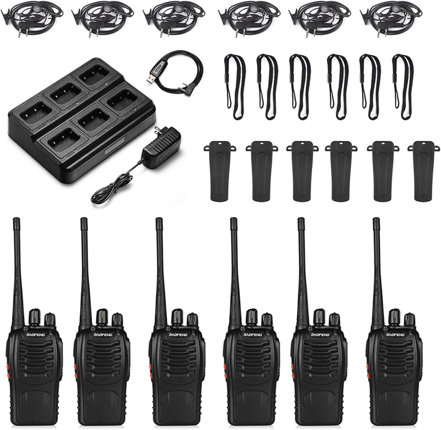 [6Packs] BAOFENG BF-888S Walkie Talkies for Adults, 1500mAh Battery, 16CH | With 6 Earpieces, Six-Way Charger Station, Programming Cable, for Teams