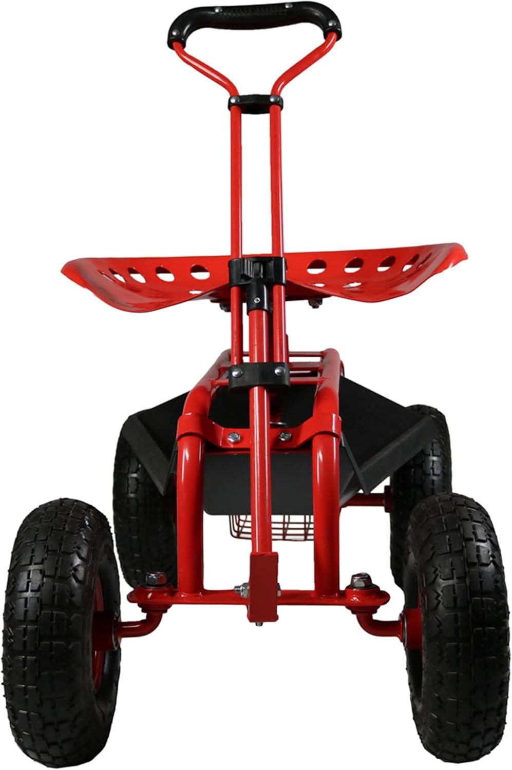 Sunnydaze Garden Seat with Wheels and Adjustable Handle, Red | Steel Rolling Gardening Seat with Utility Tray for Storage, Rotating, Swiveling Motion